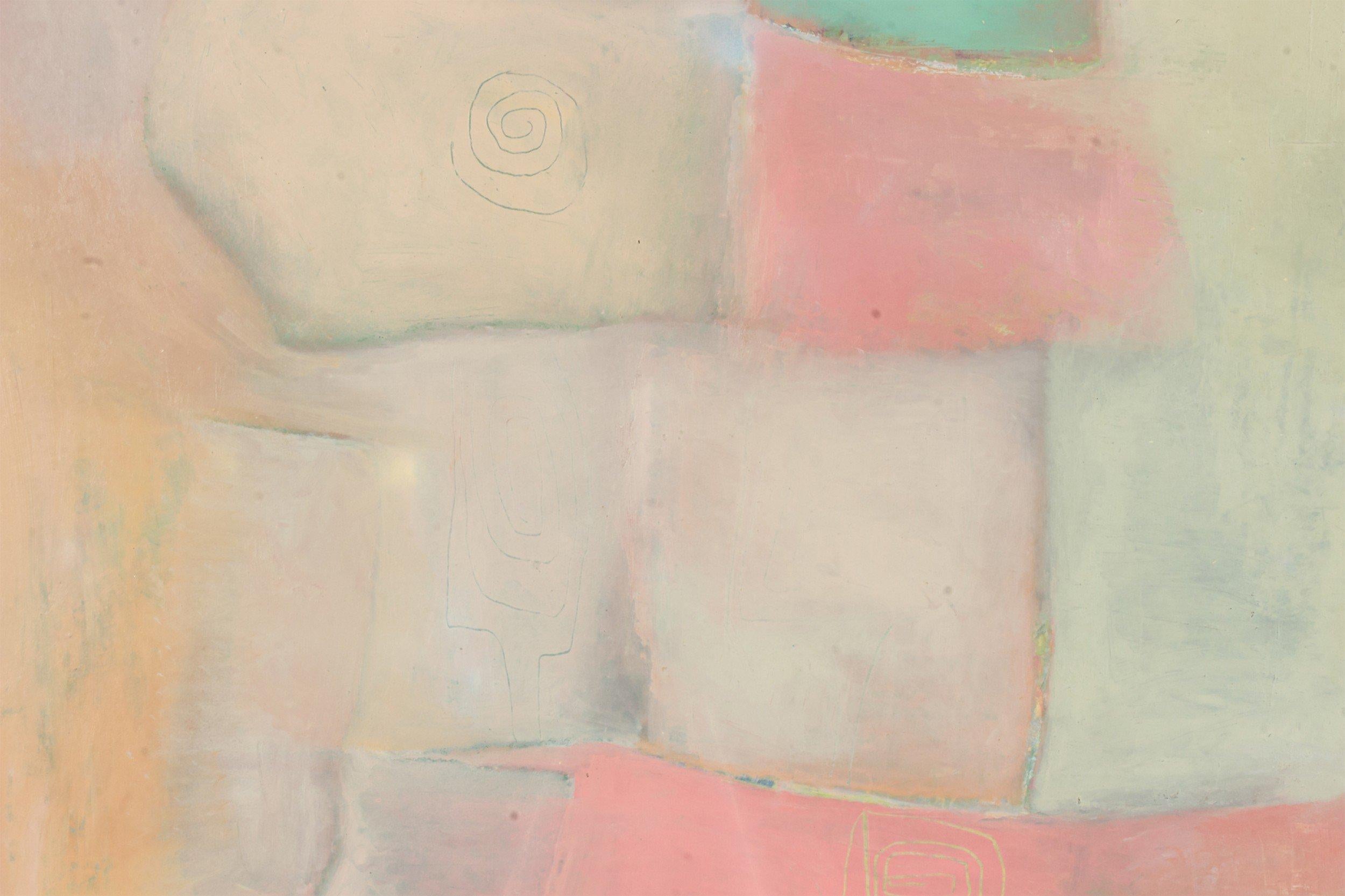 Amerikanisches Nachkriegsdesign abstrakte Kunst, Ölgemälde mit rosa, grünen, orangen und beigen Formen in einem silbernen Rahmen.
 