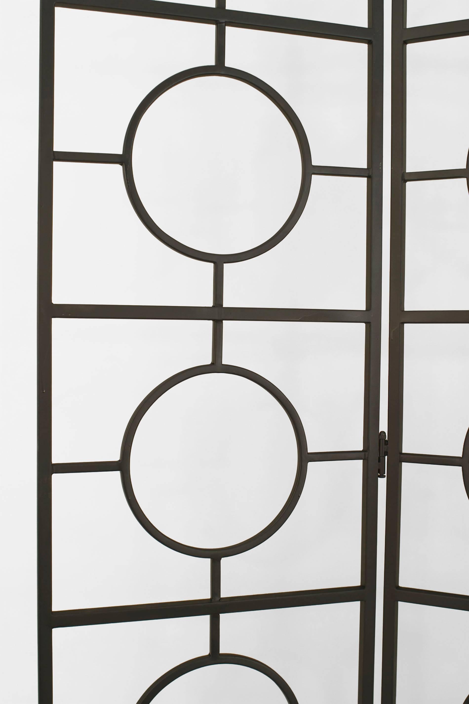 American Post-War Design 3 fold black hand wrought brushed steel screen showing interlocking circles (each fold 84