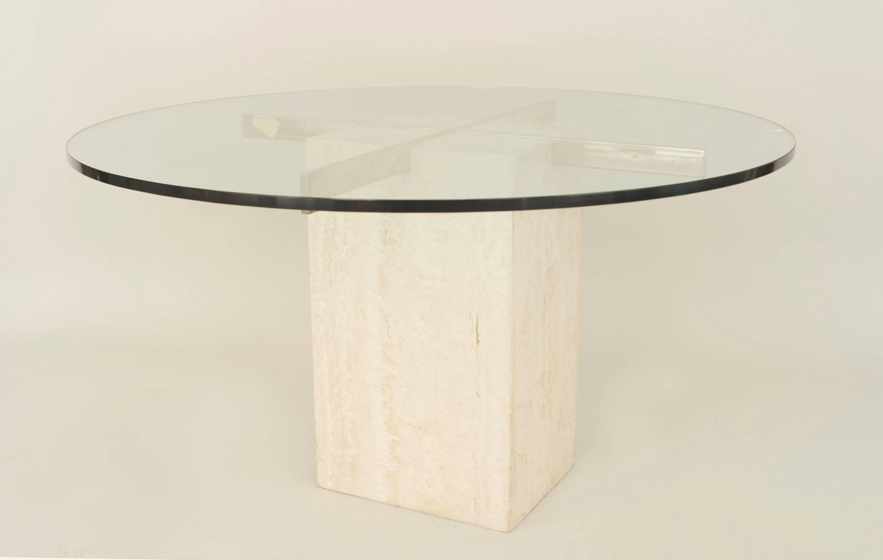 American postwar design dining table with a square travertine base having a brass 