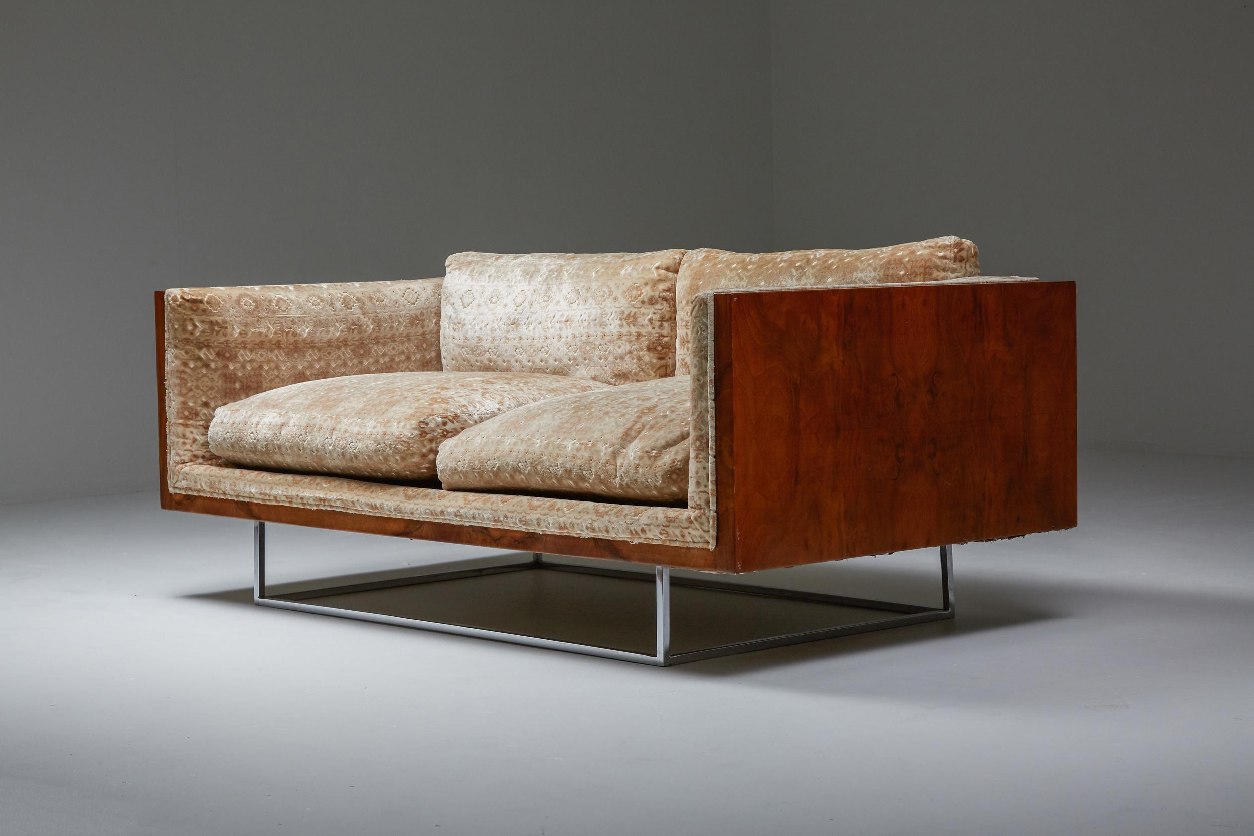 American Craftsman American Post-War Design, Milo Baughman Love Seat Sofas, Burl, Chrome Sofa, 1971