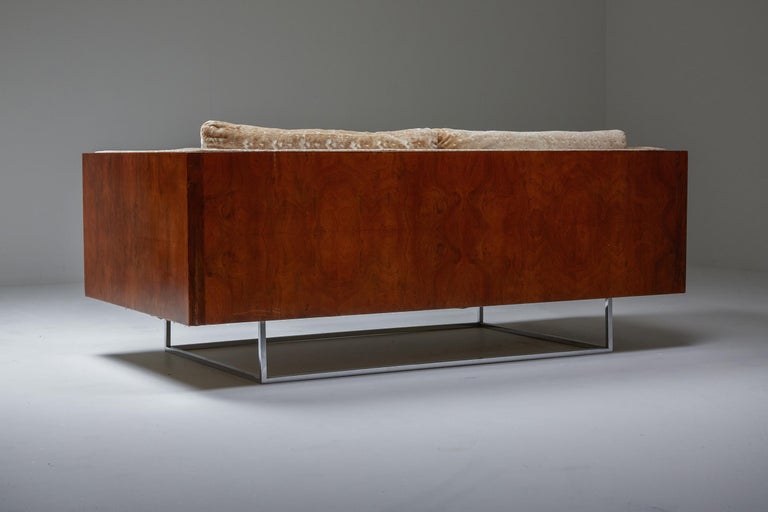 Fabric American Post-War Design, Milo Baughman Love Seat Sofas, Burl, Chrome Sofa, 1971
