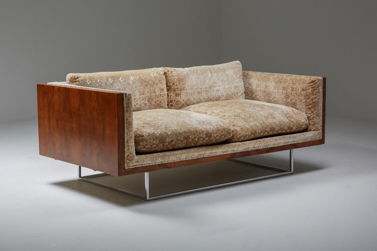 American Post-War Design, Milo Baughman Love Seat Sofas, Burl, Chrome Sofa, 1971 1