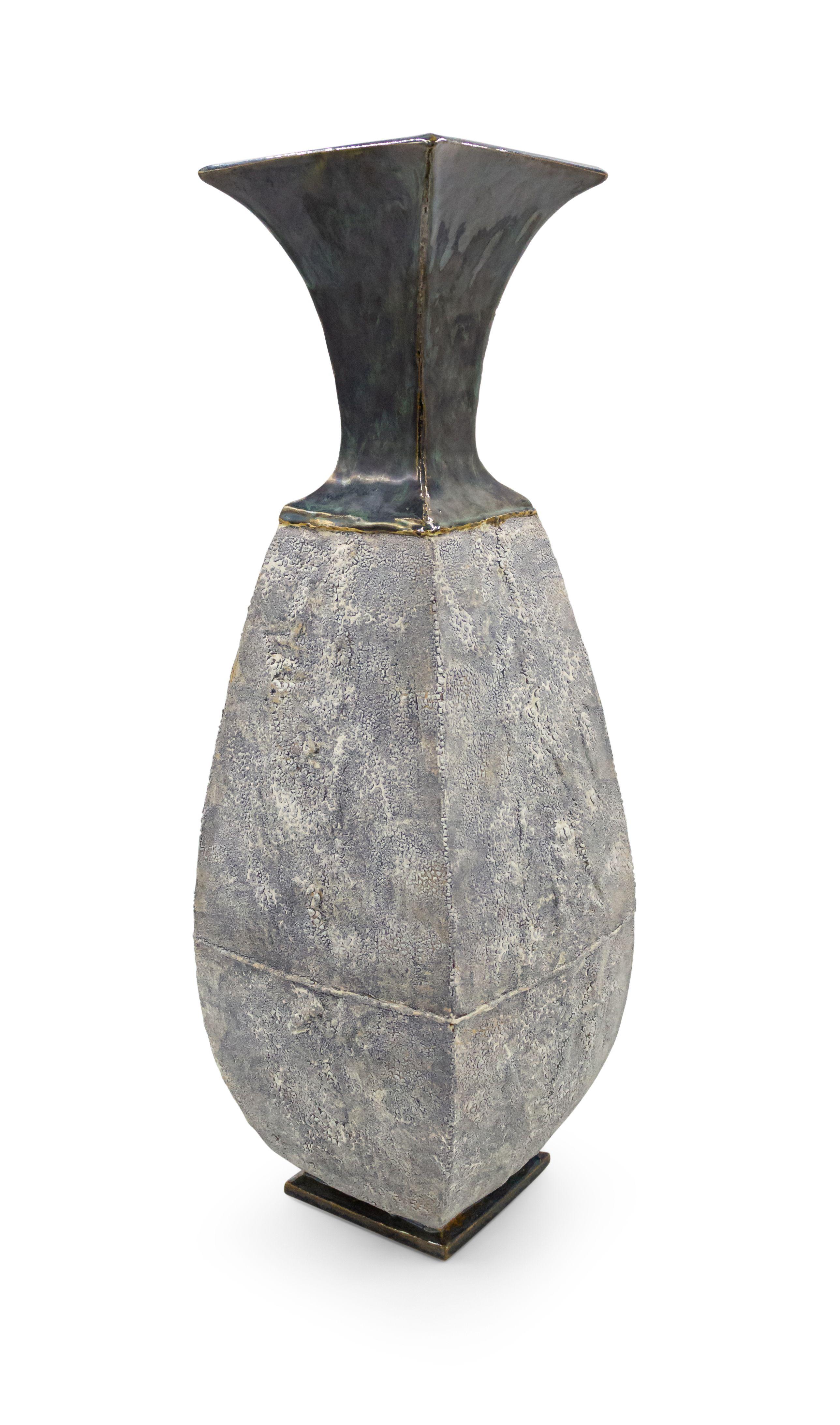 American Post-War Design large grey and white textured shaped square (2 section) base vase with a glazed tapered and flared neck (signed: GARY DI PASQUALE)