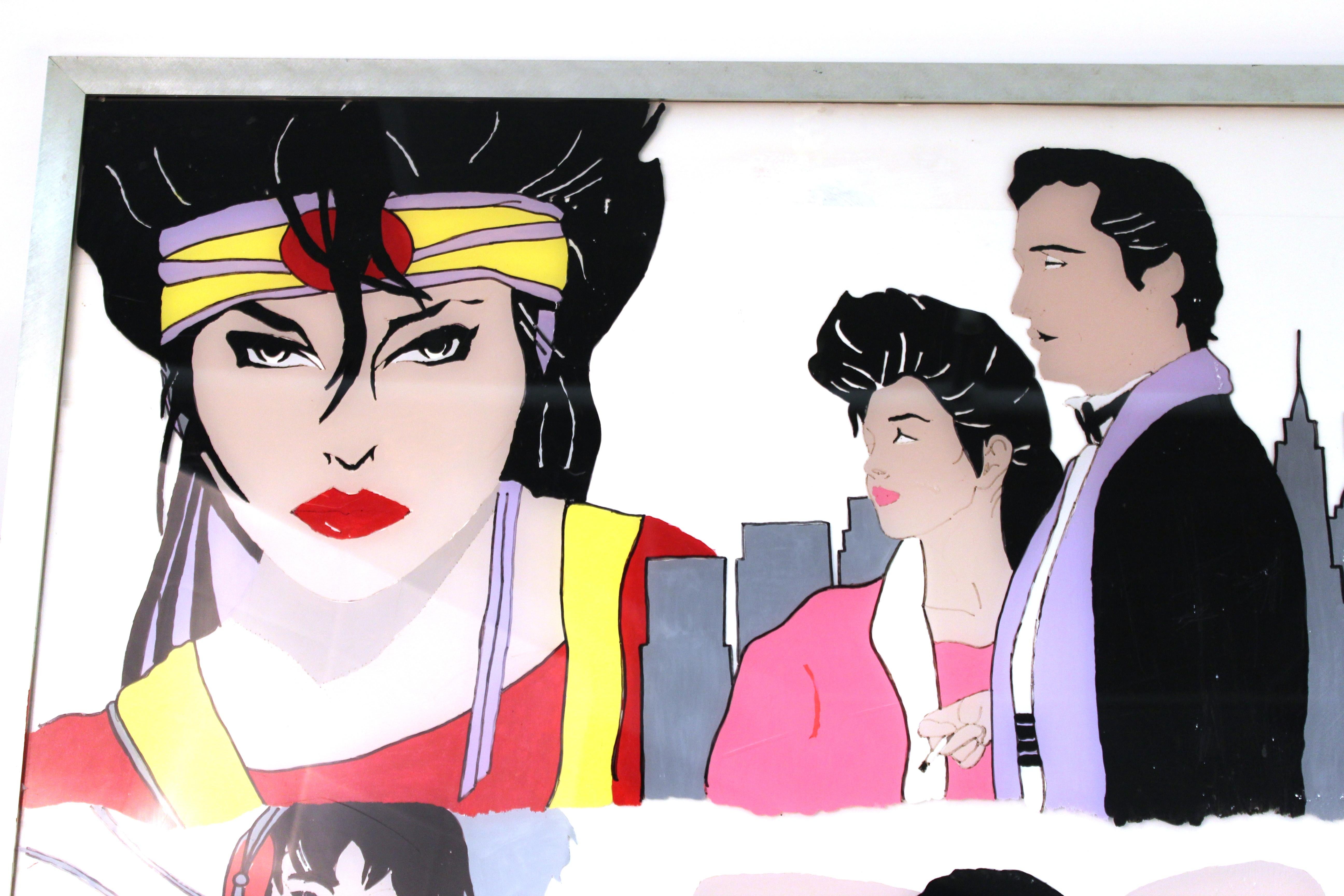 American Postmodern reverse-painted acrylic wall art in the style of Patrick Nagel. The piece is depicting multiple people with fashionable hair and clothing from the 1980s. Made in the United States during the 1980s. In great vintage condition.