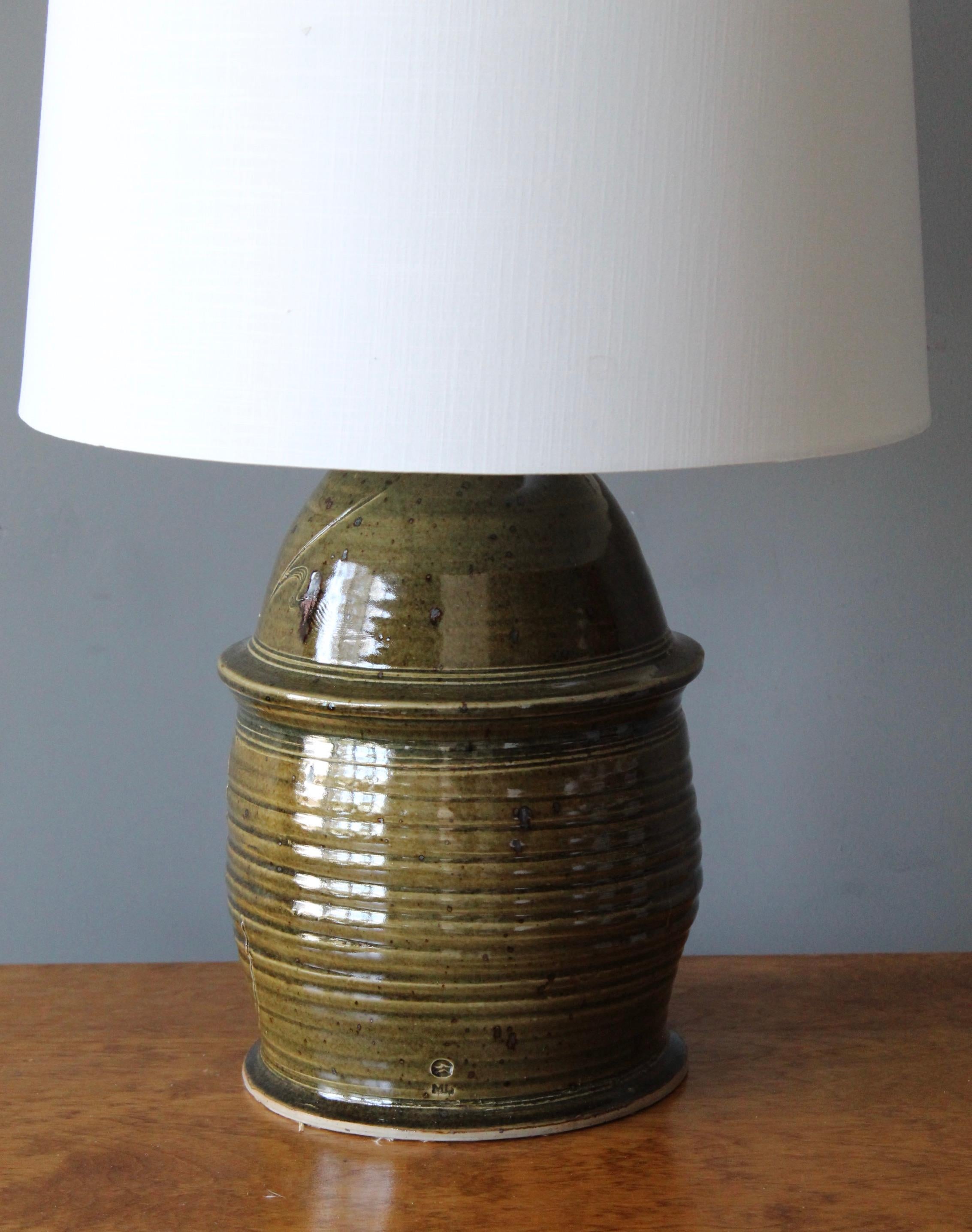 Mid-Century Modern American Potter, Table Lamp, Green Glazed Ceramic, United States, 1950s