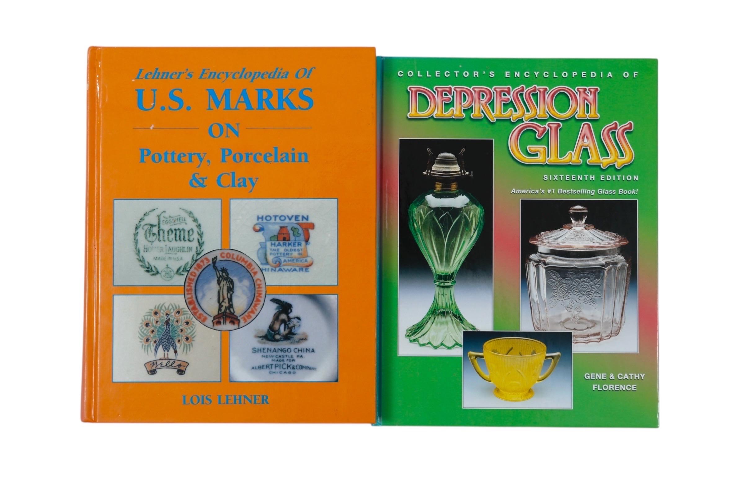 A set of five books on American pottery and glass.

1. Lehner's Encyclopedia of U.S. Marks on Pottery, Porcelain & Clay.
2. Collector's Encyclopedia of Depression Glass.
3. Frankoma and Other Oklahoma Potteries.
4. Depression Glass, a Collector's