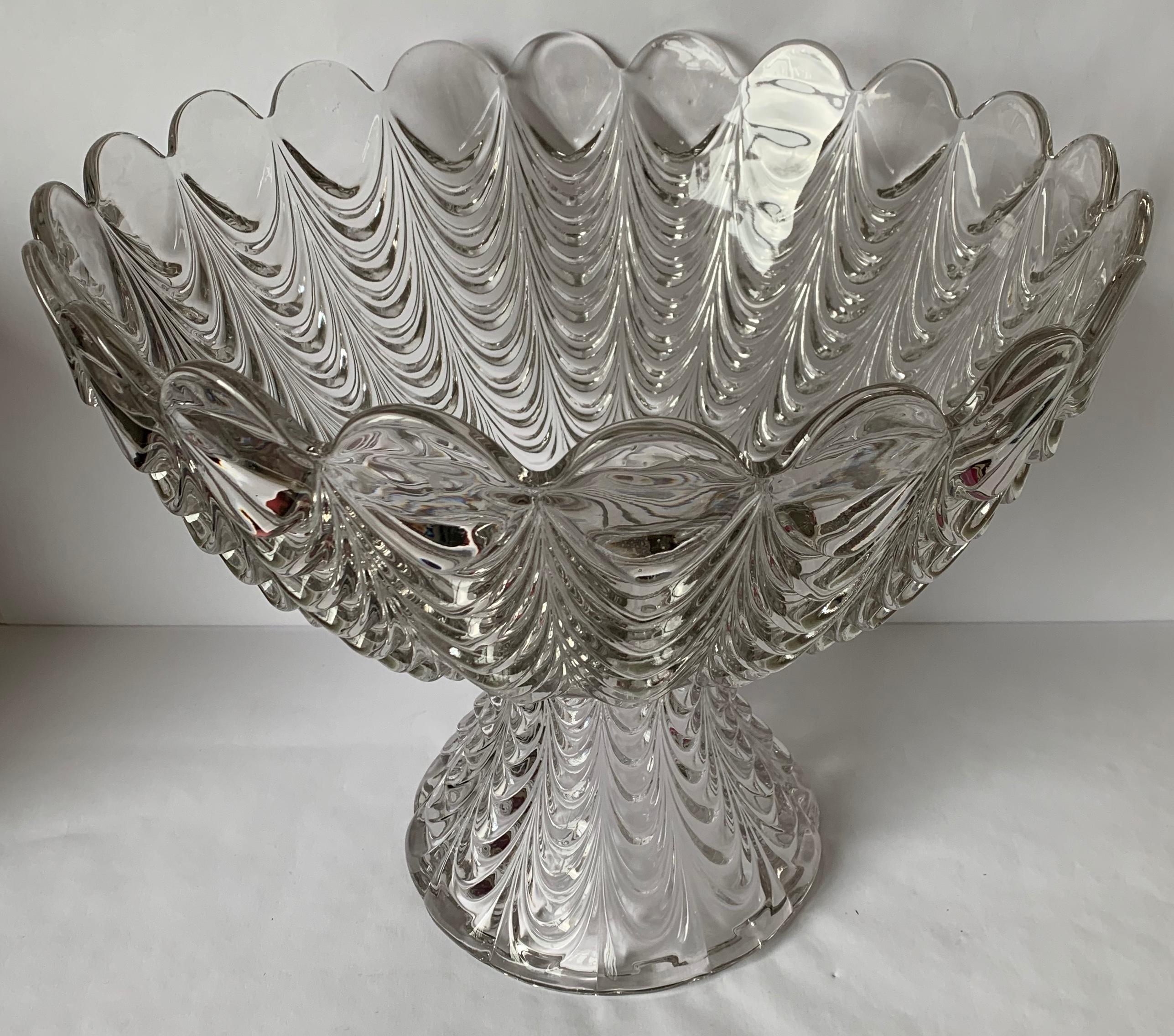 Late 19th century American pressed glass punchbowl on stand. Peacock feather design pressed clear glass. No makers mark or signature.