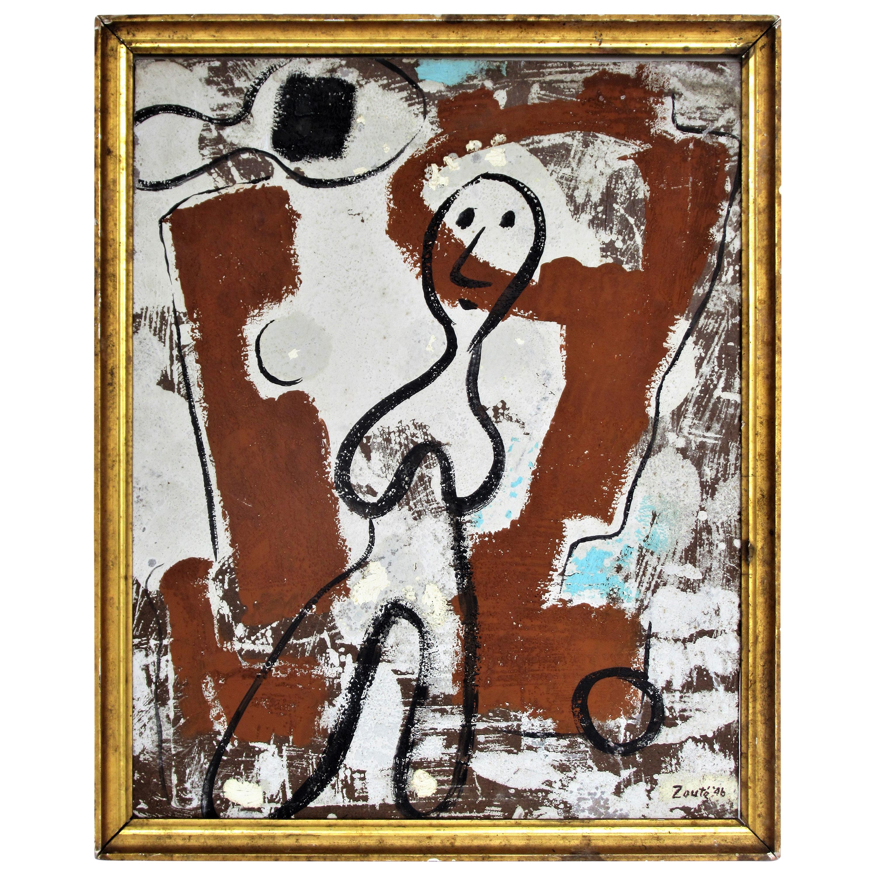 American Abstract Oil Painting on Board, Archaic Female, 1946