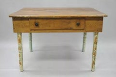 American Primitive Blue Green Distress Painted Rustic Barn Wood Farm Work Table