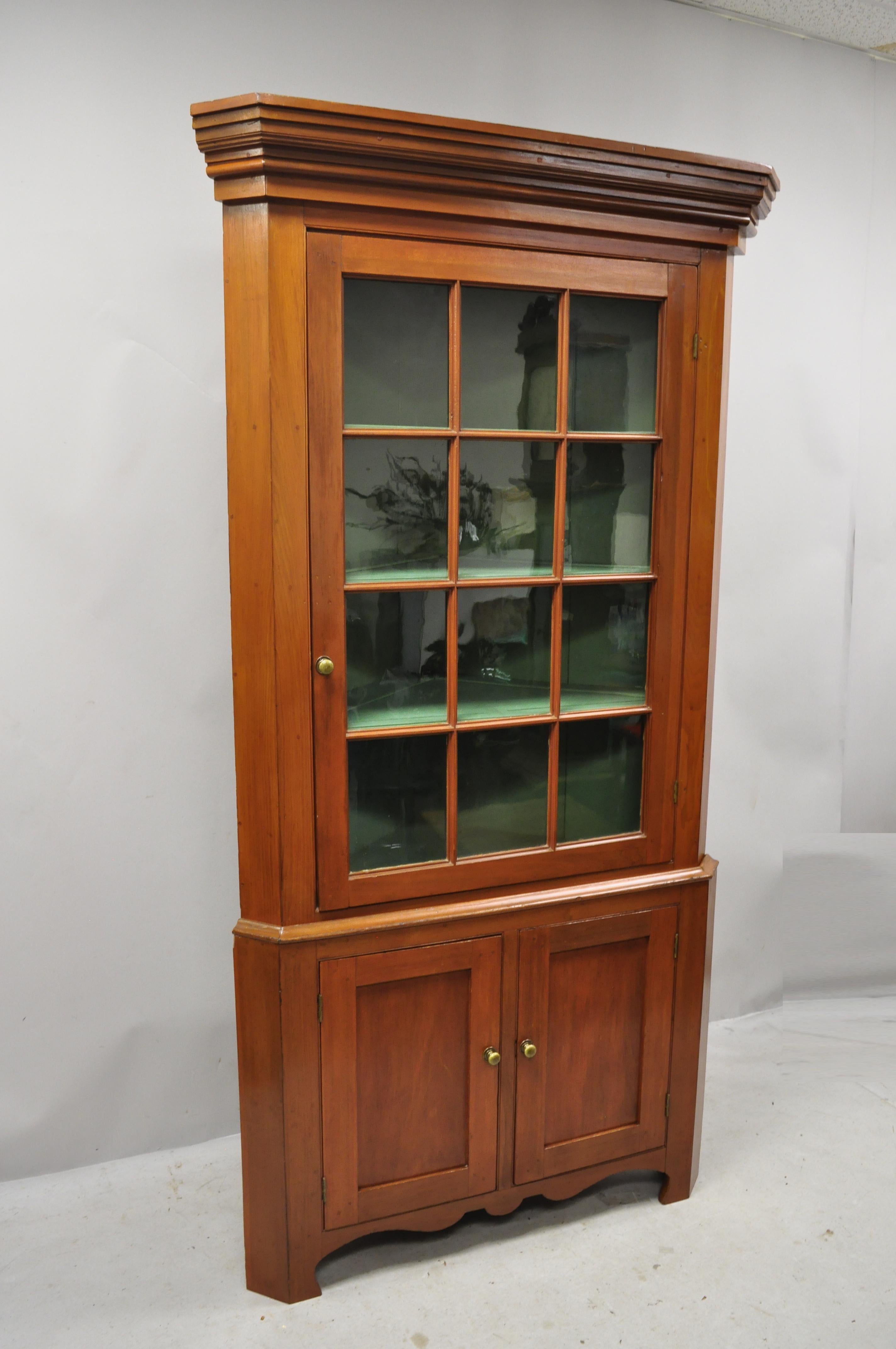 American Primitive Colonial Cherrywood Wavy Glass Corner Cupboard China Cabinet For Sale 3