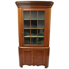 American Primitive Colonial Cherrywood Wavy Glass Corner Cupboard China Cabinet