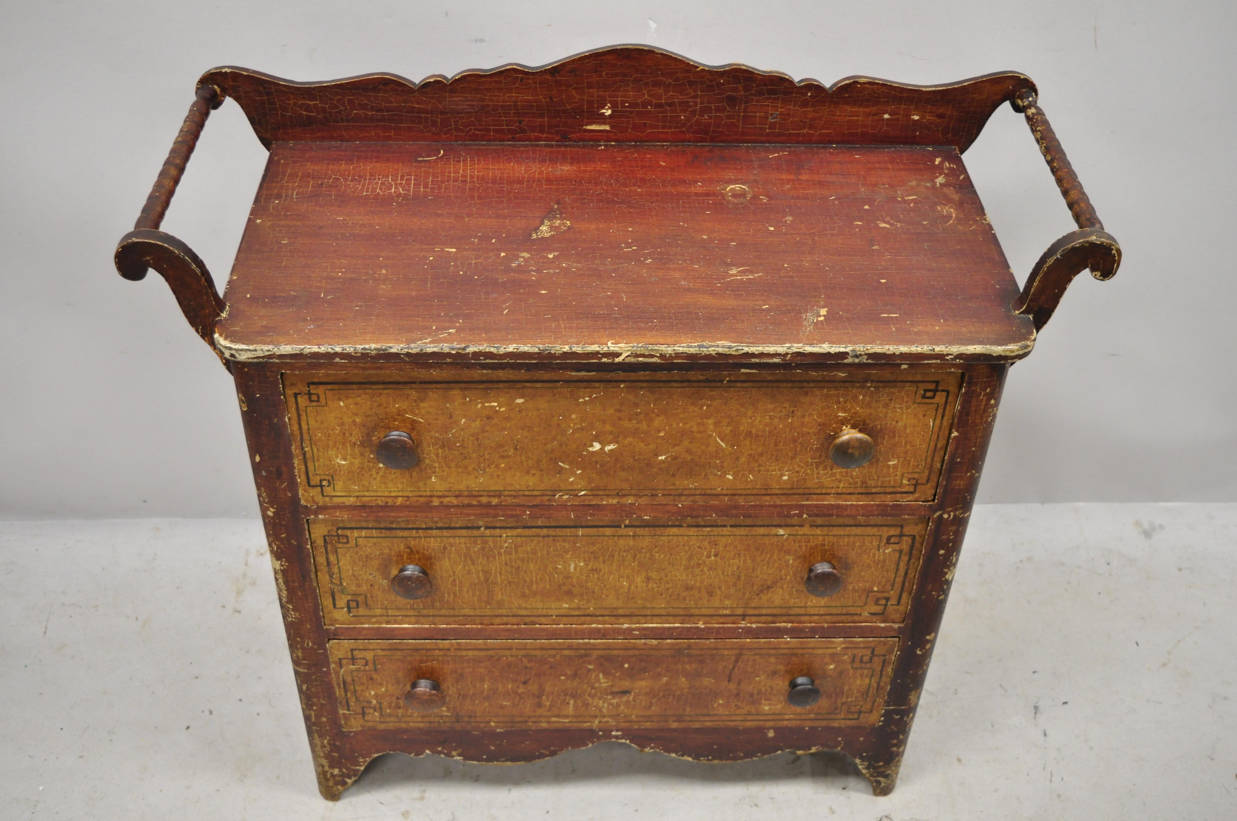 Antique American primitive colonial red distress polychrome painted 3-drawer washstand commode. Item features original distressed polychrome painted decorated finish, two towel bars, backsplash, wood construction, 3 drawers, very nice antique item,