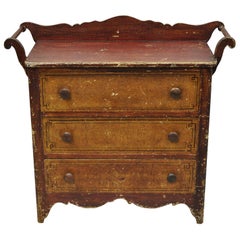 Antique American Primitive Colonial Red Polychrome Painted 3-Drawer Washstand Commode