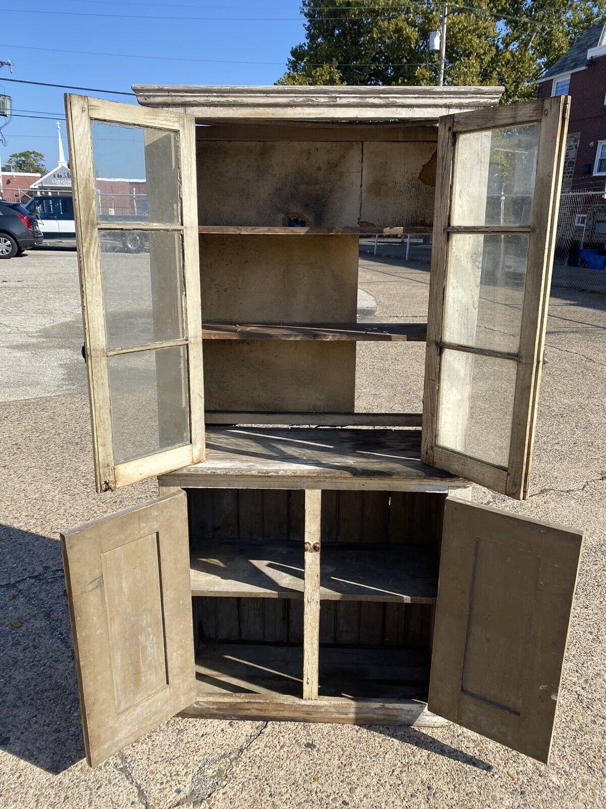 19th Century American Primitive Country White Distress Painted Pantry Cupboard Hutch Cabinet For Sale