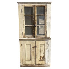 Used American Primitive Country White Distress Painted Pantry Cupboard Hutch Cabinet