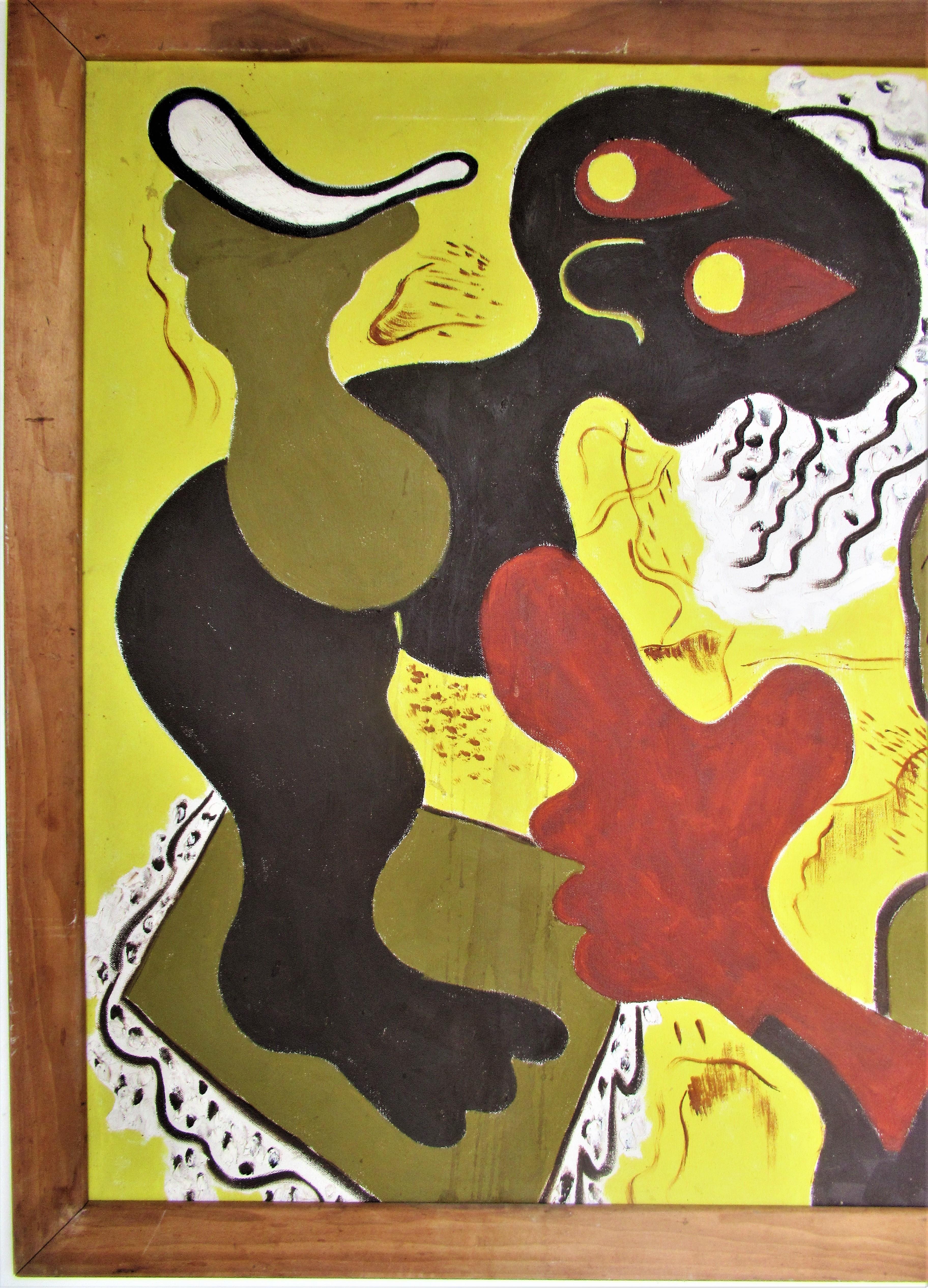 Dynamique et brillante huile sur toile d'expressionnisme moderne primitif américain dans un cadre en bois d'époque par Zoute (Leon Salter, 1903-1976) North Rose, NY - signée en bas à droite Zoute et datée  - Buffalo, NY. Exposition de la Gallery Art