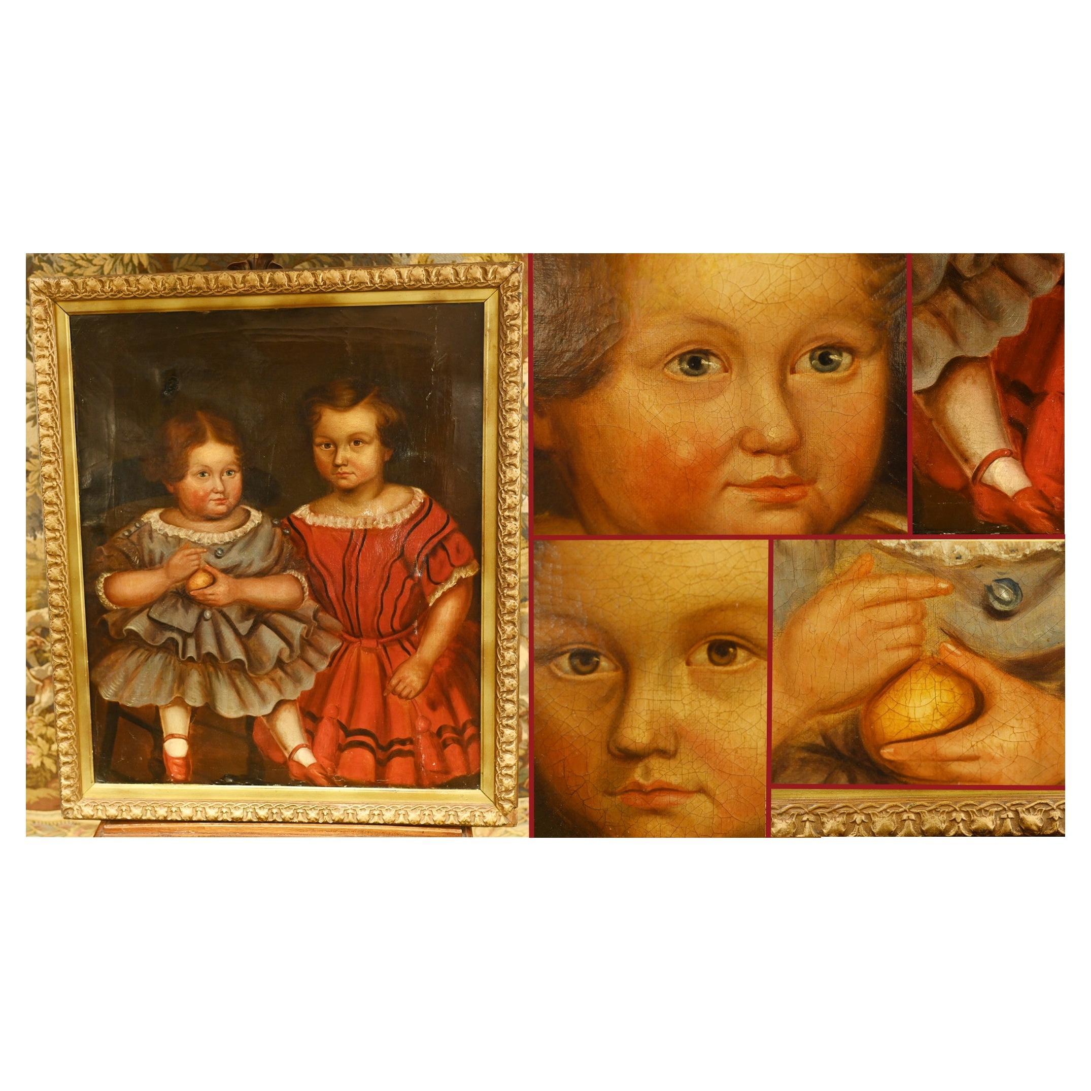 Peinture à l'huile primitive américaine d'un portrait d'enfant 1840 Folk Art