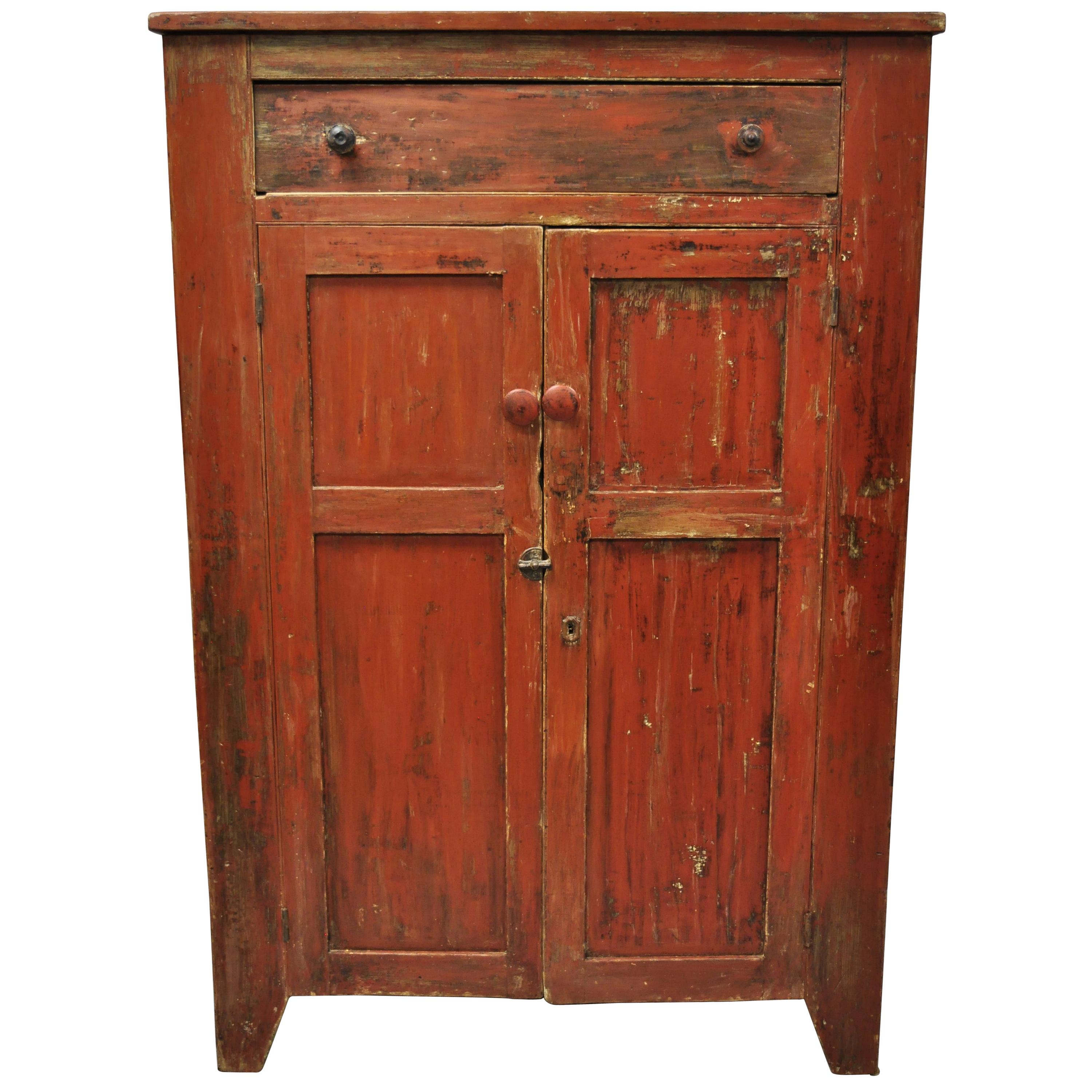 American Primitive Red Distress Painted Cupboard Hutch Pie Safe Cabinet