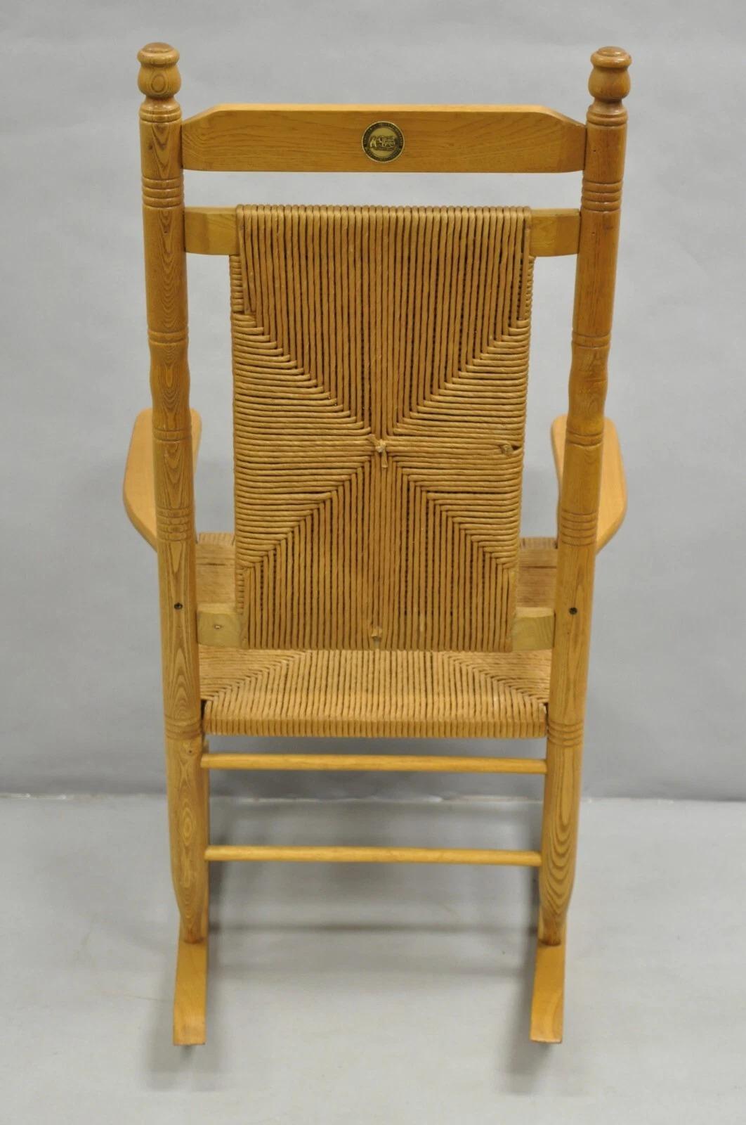 American Primitive Rustic Oak Wood Rush Seat Rocking Chair by Cracker Barrel For Sale 5