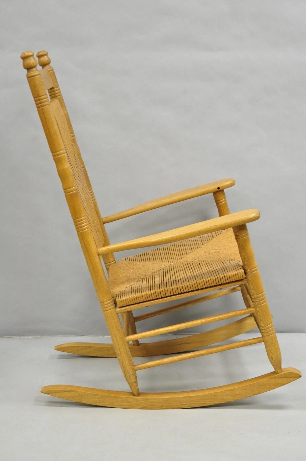 American Primitive Rustic Oak Wood Rush Seat Rocking Chair by Cracker Barrel For Sale 6