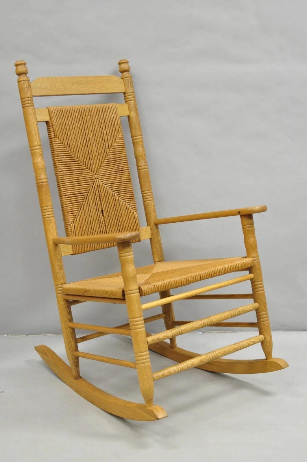 American Primitive Rustic Oak Wood Rush Seat Rocking Chair by Cracker Barrel For Sale 7