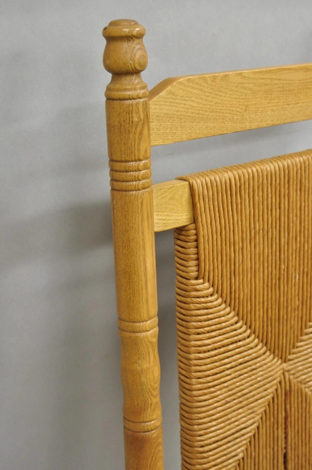 American Primitive Rustic Oak Wood Rush Seat Rocking Chair by Cracker Barrel For Sale 4