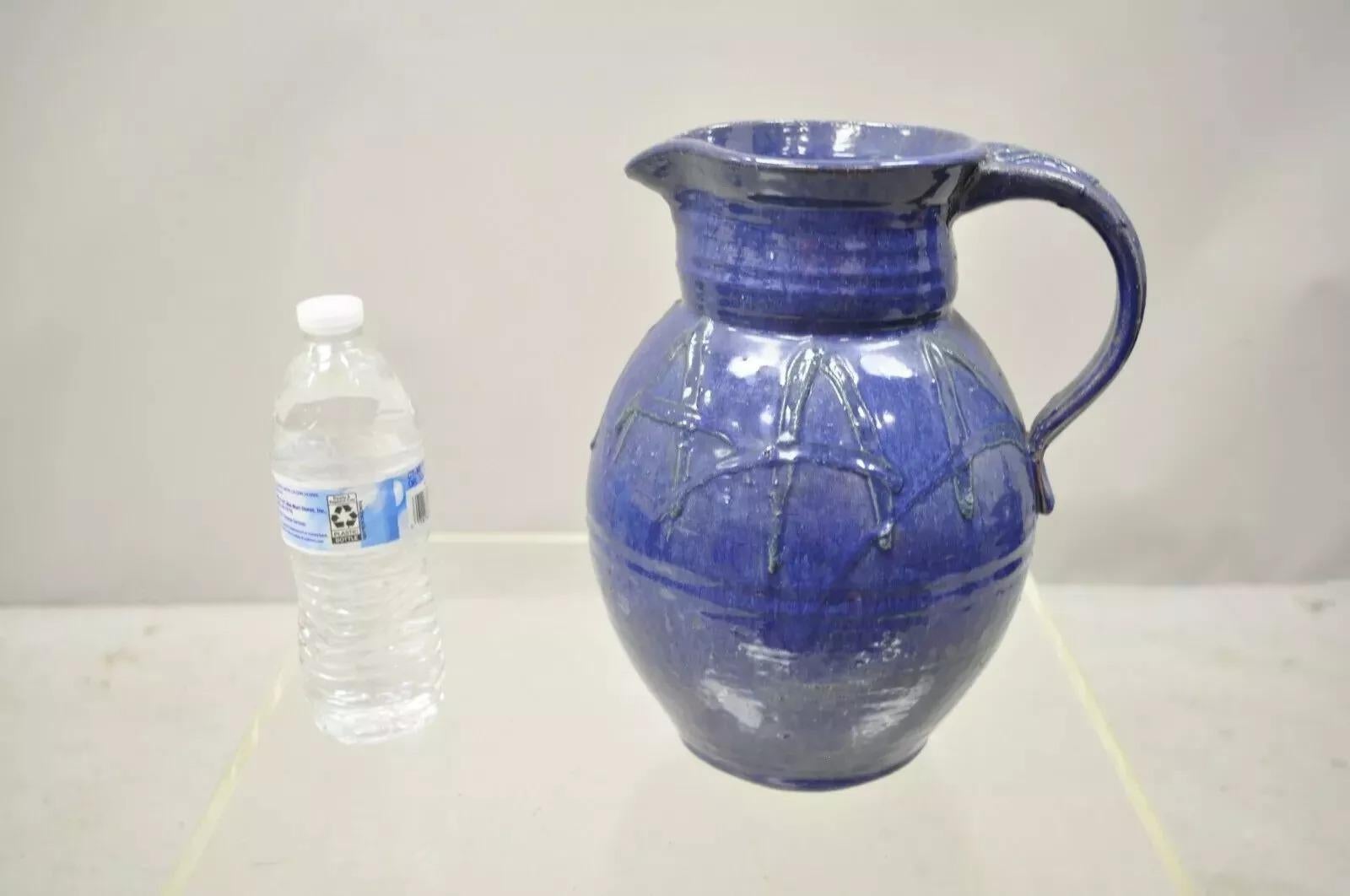 Jarra de terracota de cerámica esmaltada azul de gres primitivo americano de 11 en venta 3