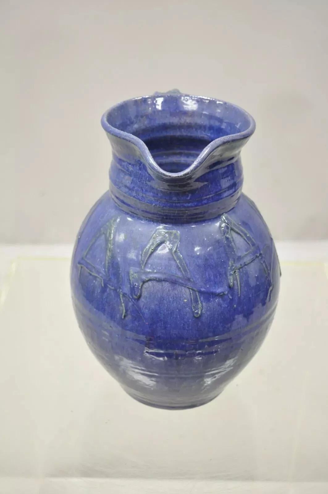 Jarra de terracota de cerámica esmaltada azul de gres primitivo americano de 11 en venta 2