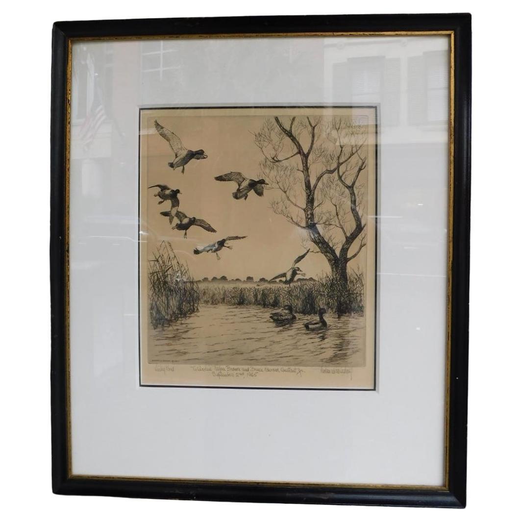 American Print Mallards in Flight and Swimming " Lucky Pond " R. Bishop C. 1959 For Sale