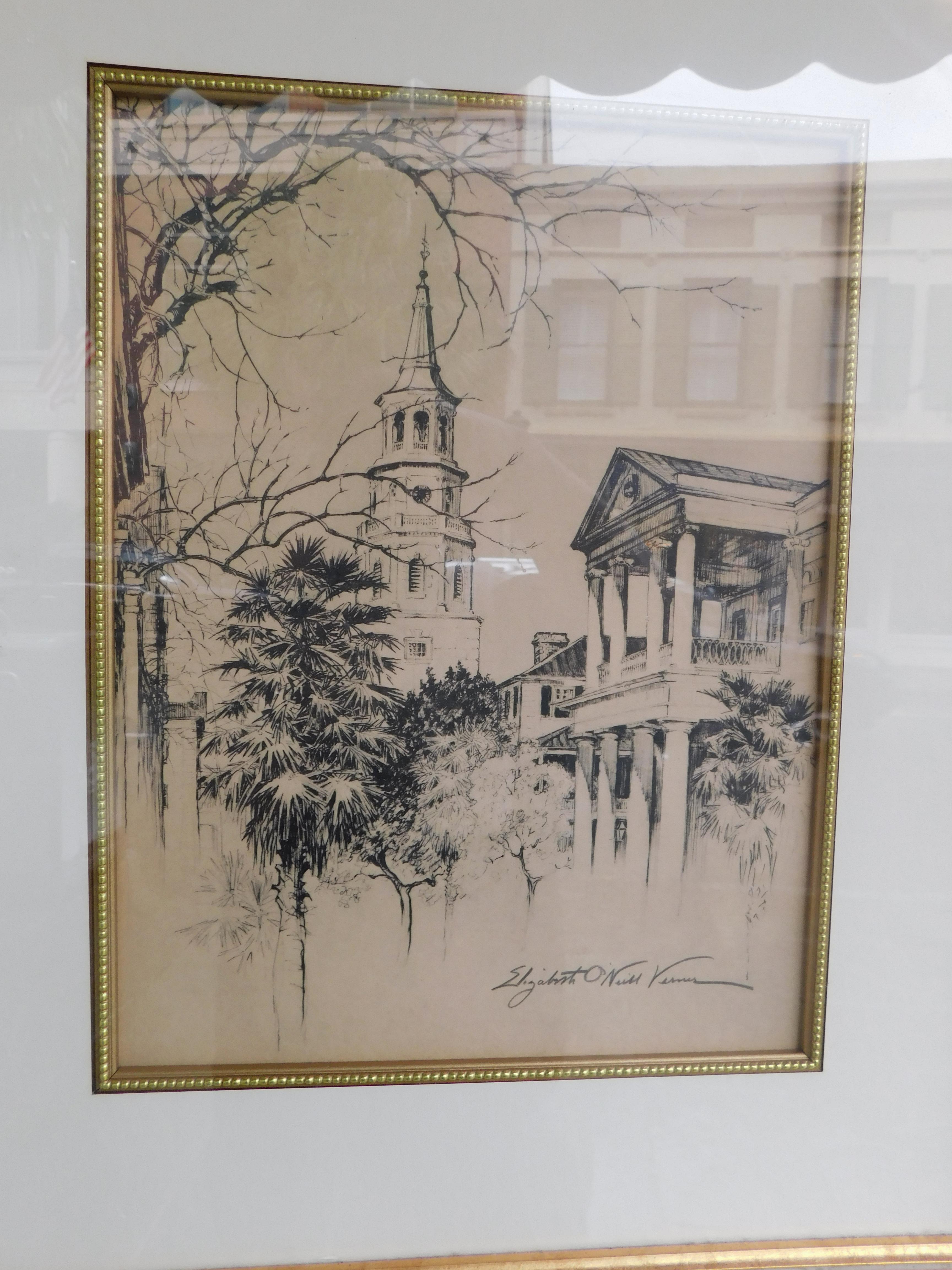 Gilt American Print of St. Michael's Church Meeting St. Charleston, SC Verner C 1930 For Sale