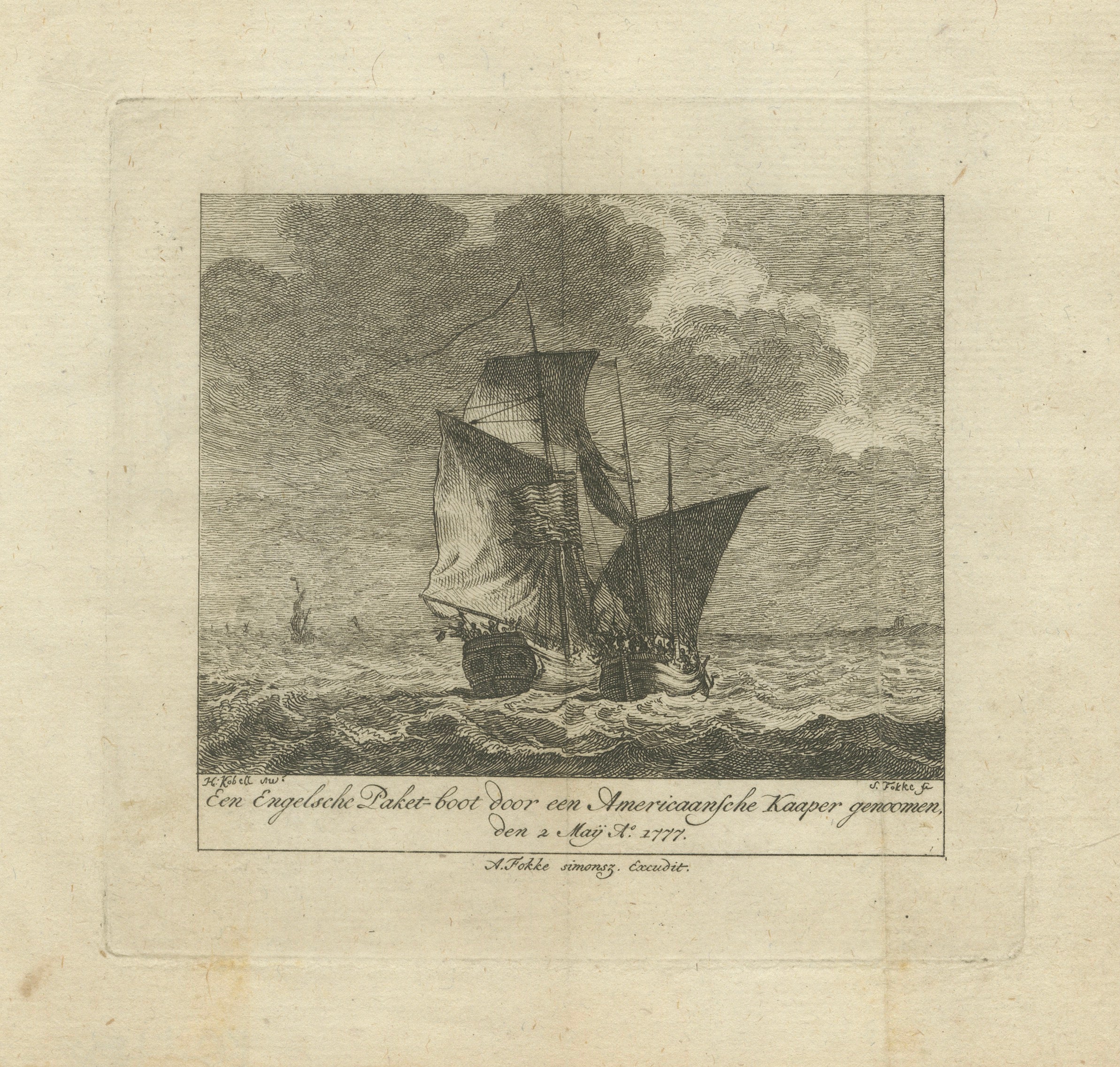 American Privateer Captures an English Packet Boat, 1777 Maritime Engraving