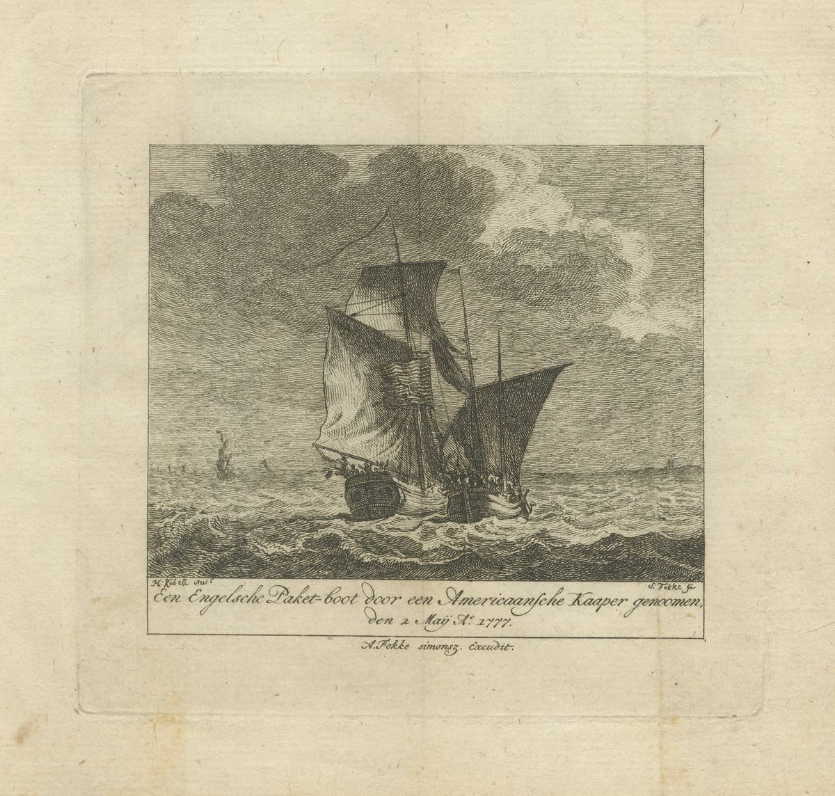 American Privateer Captures an English Packet Boat, 1777 Maritime Engraving
