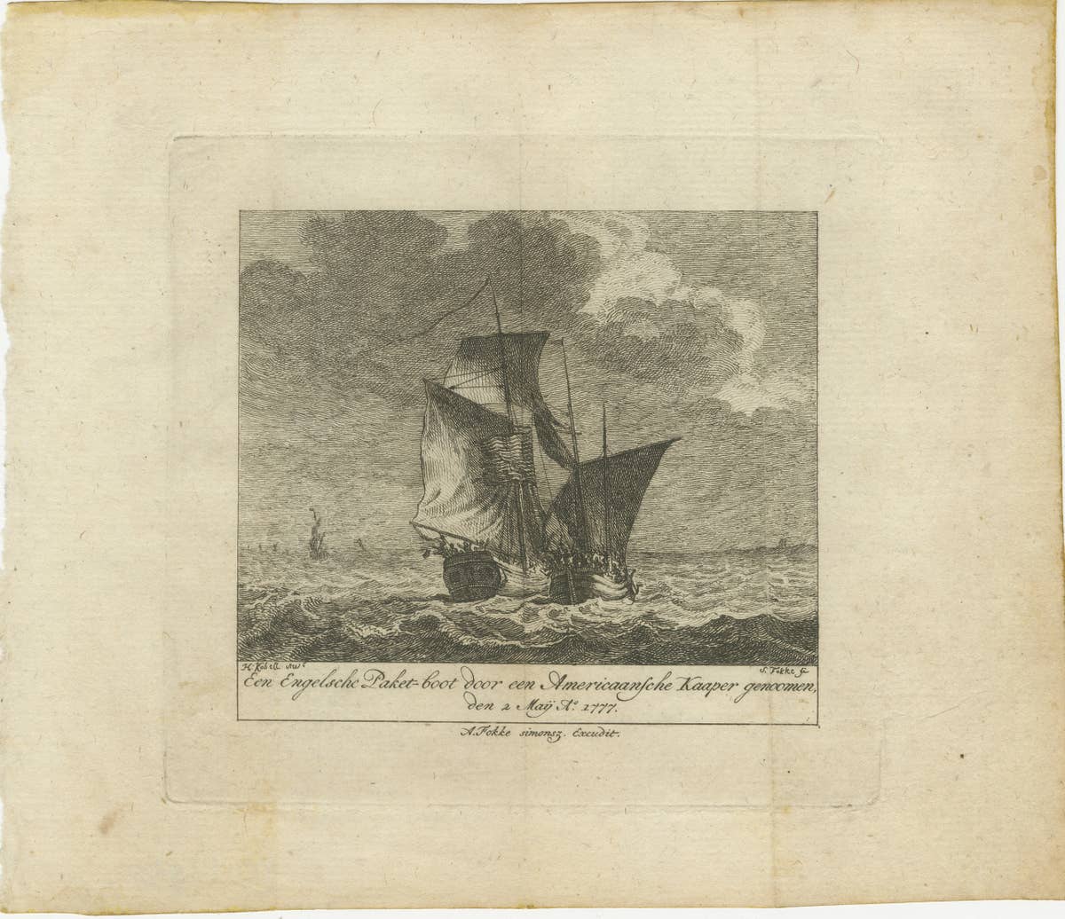 American Privateer Captures an English Packet Boat, 1777 Maritime Engraving
