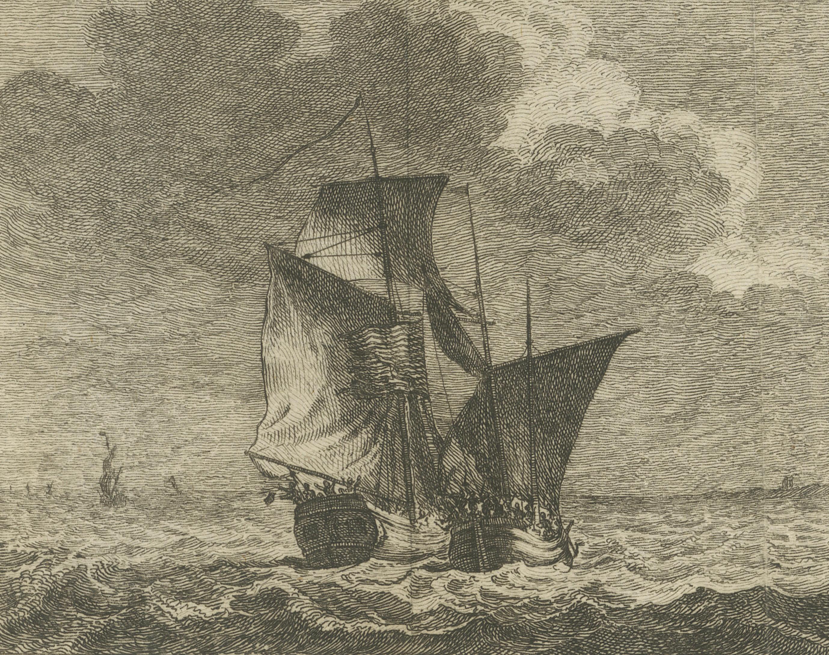 American Privateer Captures an English Packet Boat, 1777 Maritime Engraving