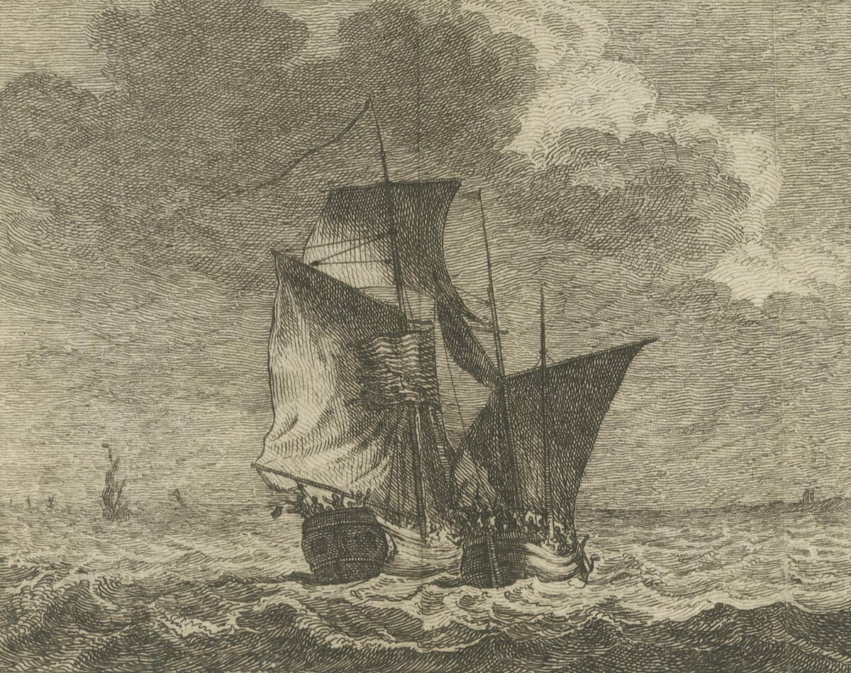 American Privateer Captures an English Packet Boat, 1777 Maritime Engraving