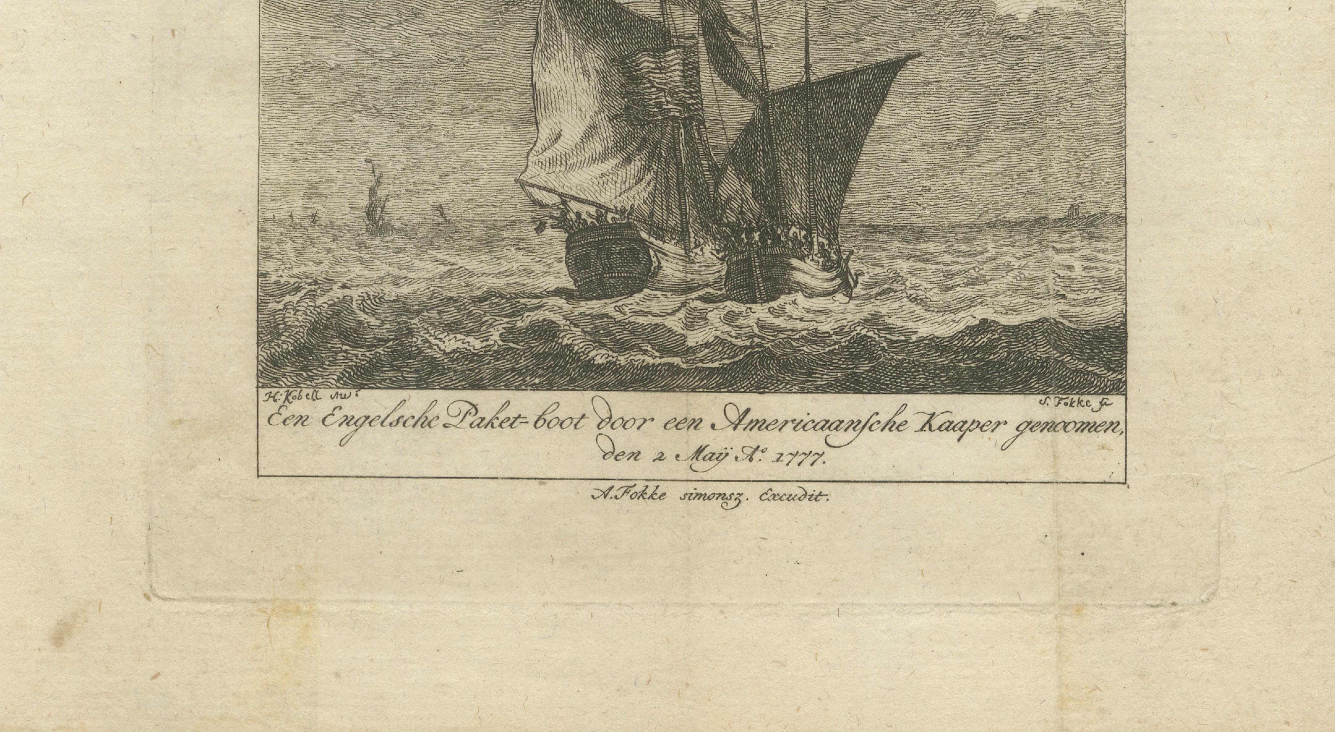 American Privateer Captures an English Packet Boat, 1777 Maritime Engraving