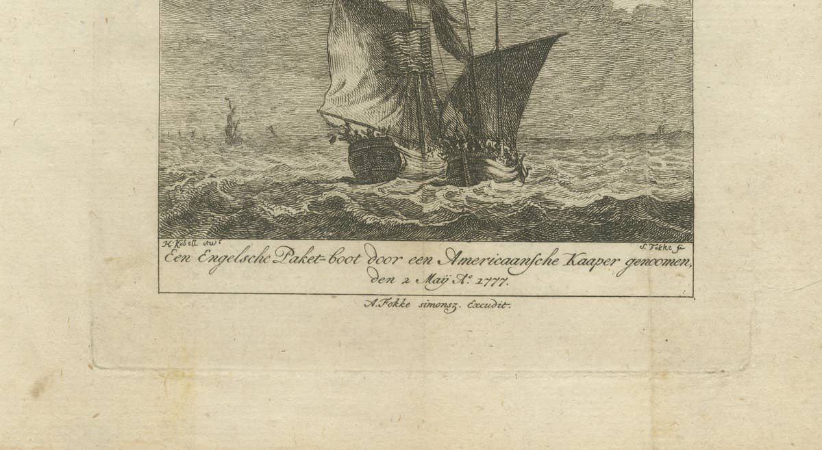 American Privateer Captures an English Packet Boat, 1777 Maritime Engraving