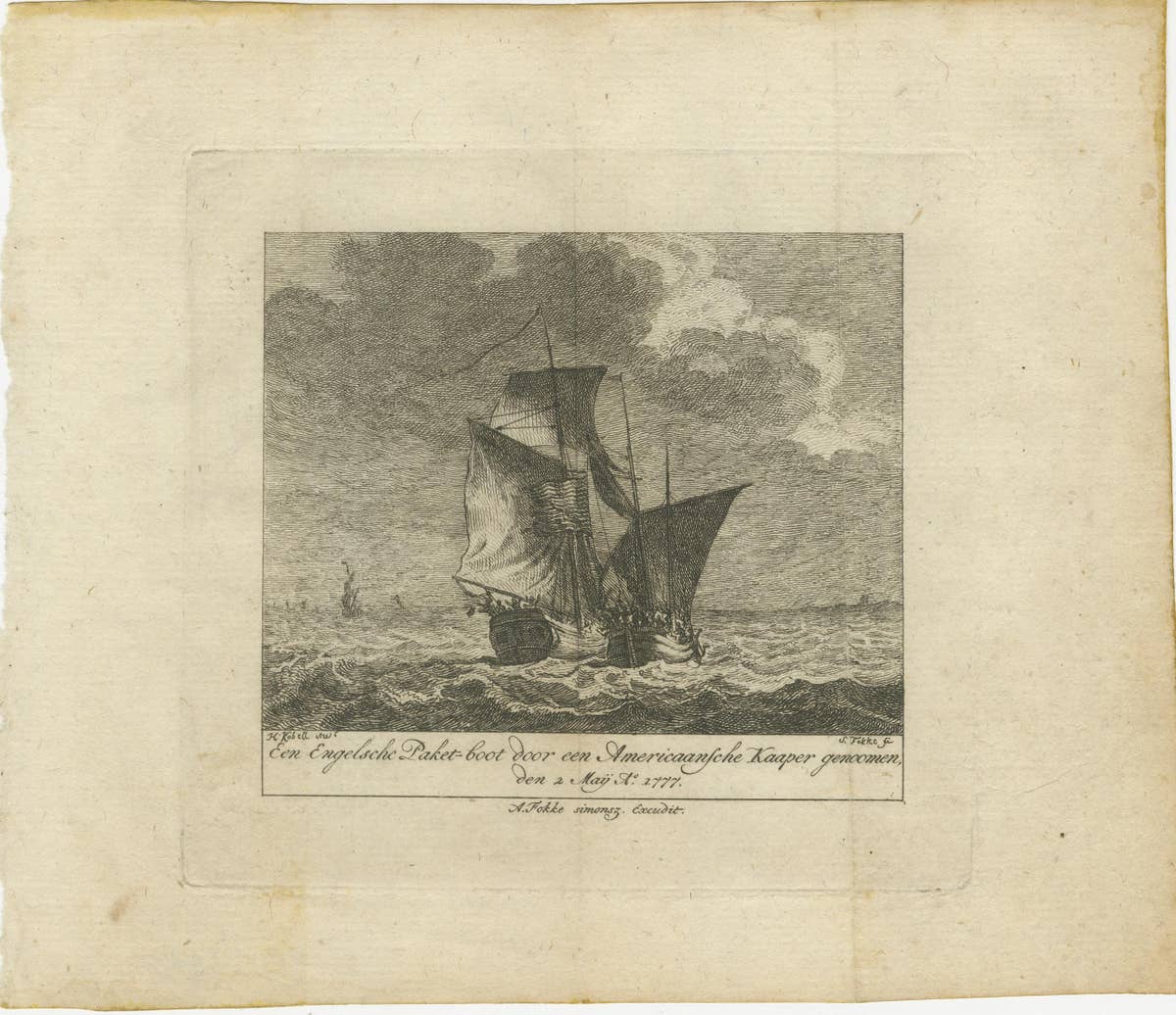 American Privateer Captures an English Packet Boat, 1777 Maritime Engraving