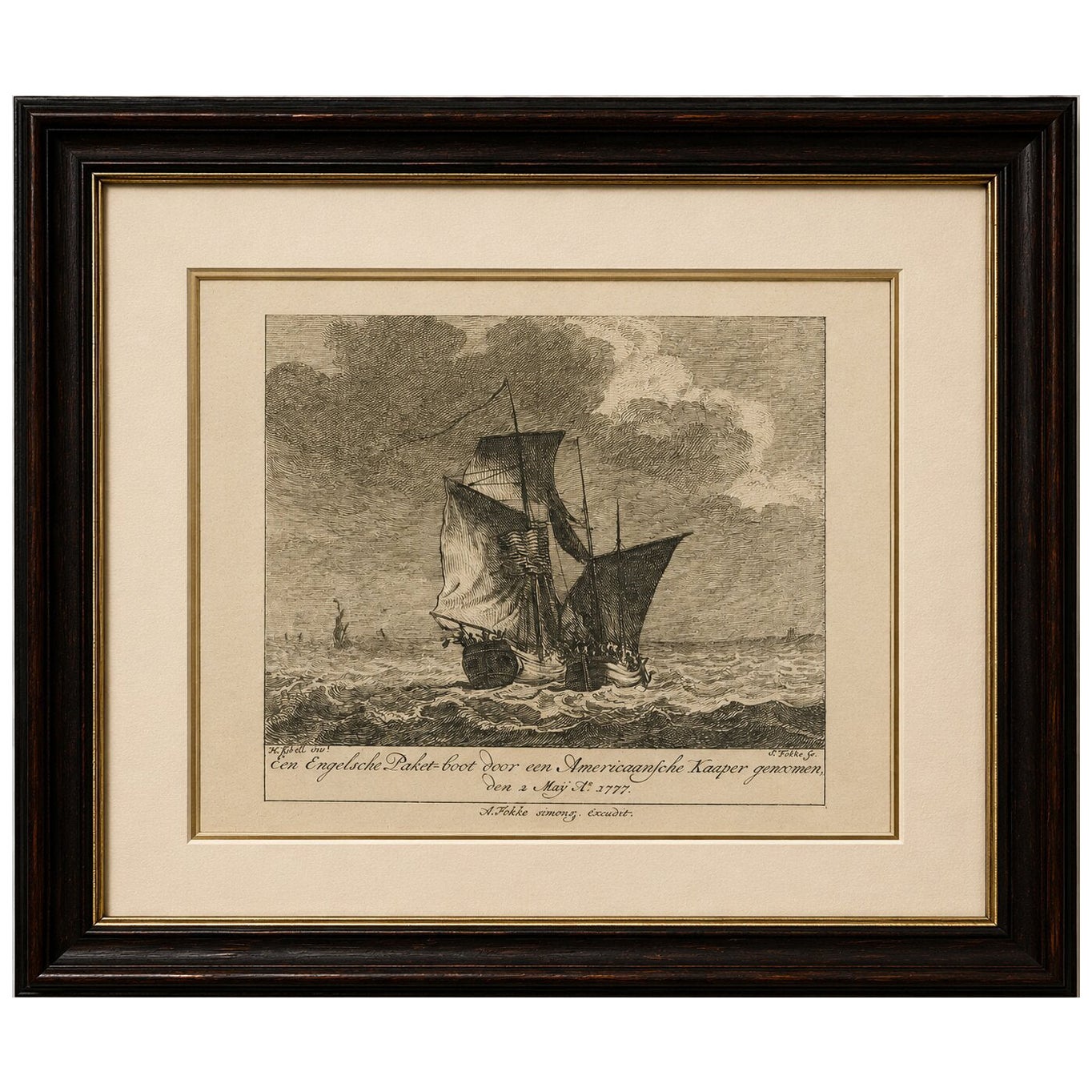 American Privateer Captures an English Packet Boat, 1777 Maritime Engraving