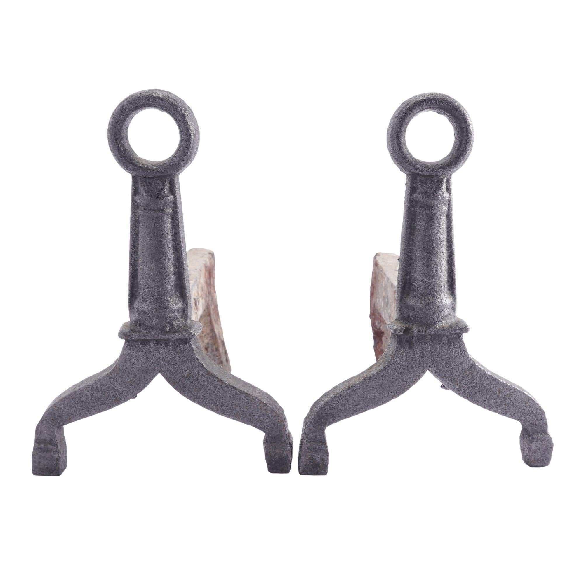 Puddle cast iron andirons with ring form finials.
American, Massachusetts, circa 1820.