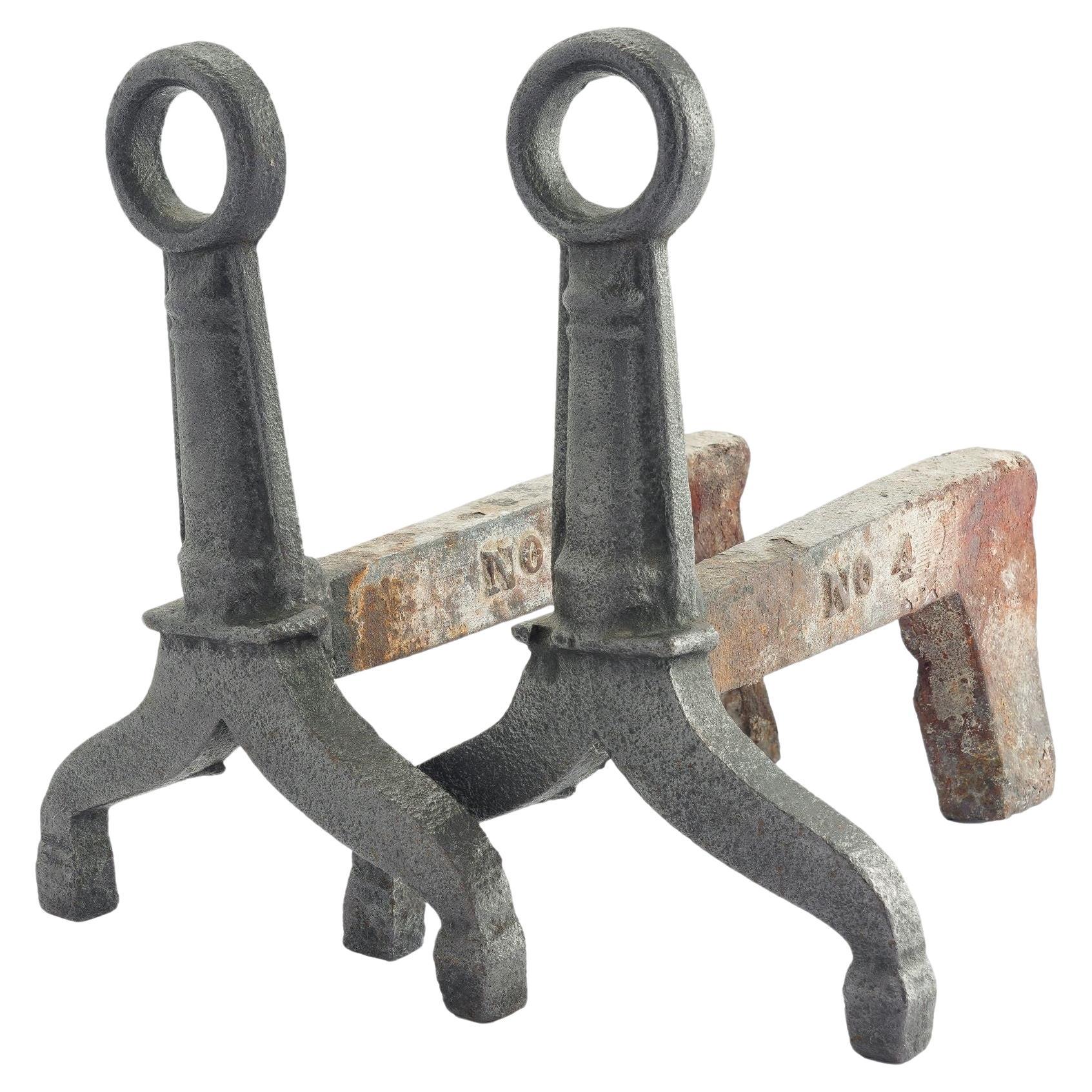 American puddle cast iron andirons with ring form finials, 1820