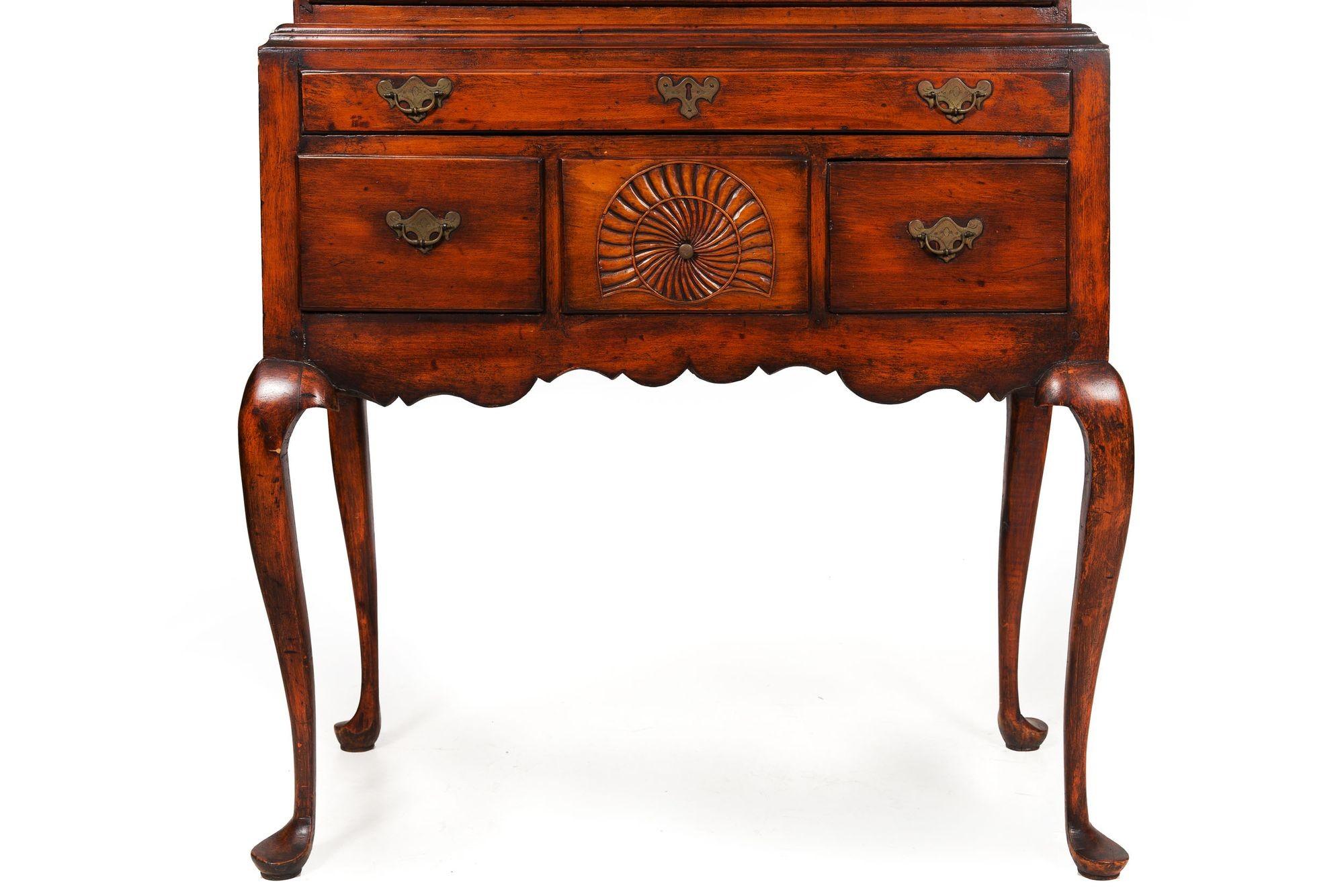 Brass American Queen Anne Antique Sycamore Flat-Top Highboy, New England c. 1760 For Sale