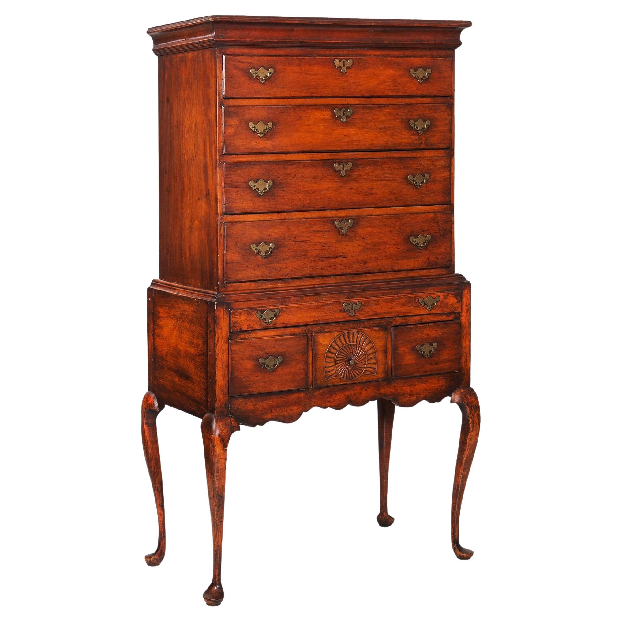 American Queen Anne Antique Sycamore Flat-Top Highboy, New England c. 1760 For Sale