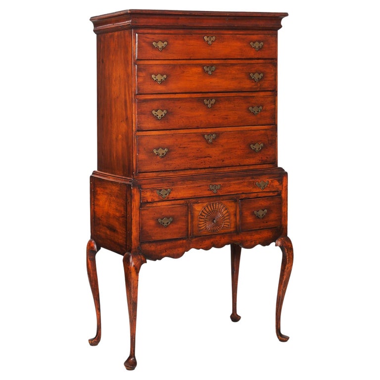 American Queen Anne Antique Sycamore FlatTop Highboy, New England c