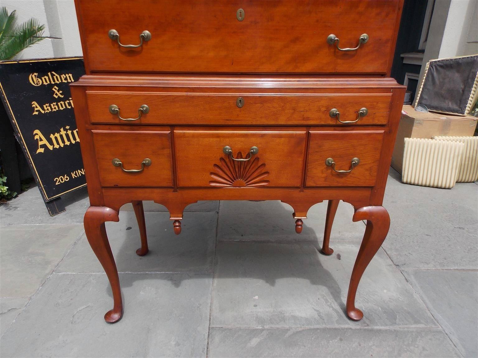 Hand-Carved American Queen Anne Cherry Flat Top Graduated Highboy, Connecticut, Circa 1750 For Sale