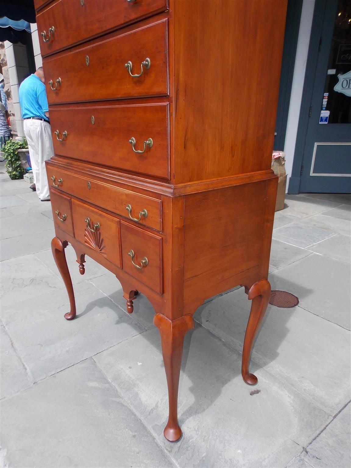 Mid-18th Century American Queen Anne Cherry Flat Top Graduated Highboy, Connecticut, Circa 1750 For Sale