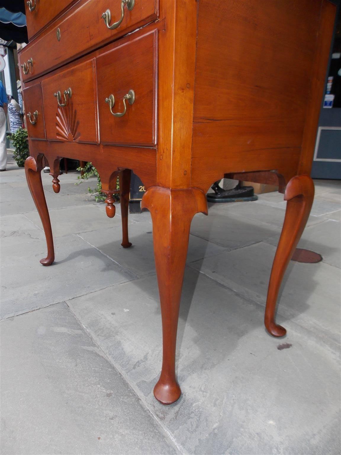 Brass American Queen Anne Cherry Flat Top Graduated Highboy, Connecticut, Circa 1750 For Sale