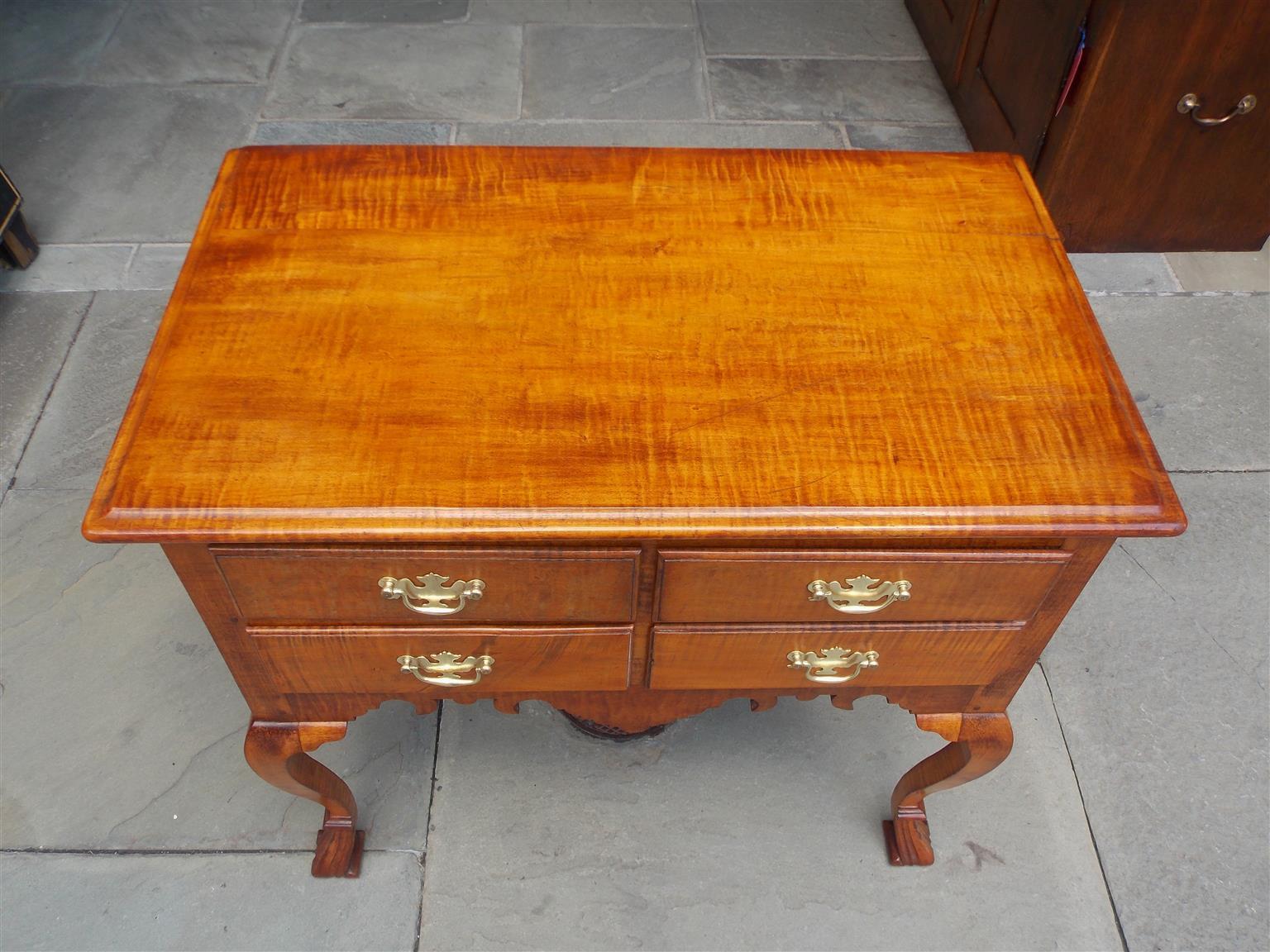 Hand-Carved American Queen Anne Curley Maple Four Drawer Lowboy with Spanish Feet. C. 1750