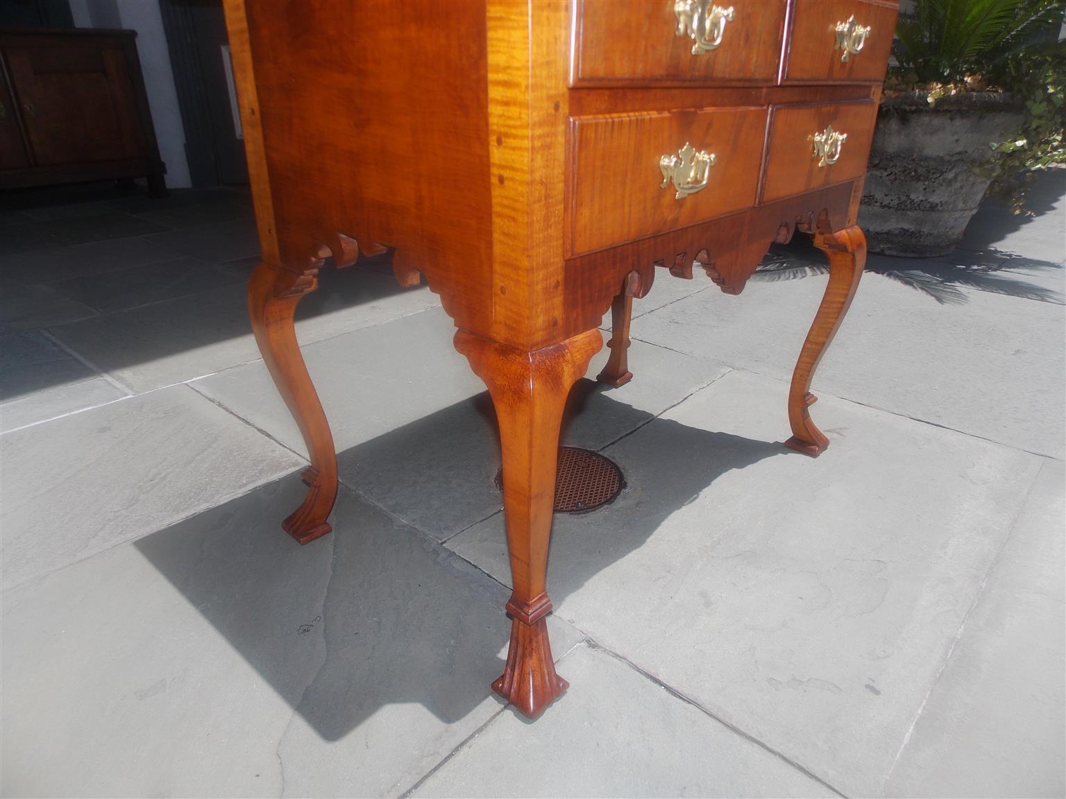 Brass American Queen Anne Curley Maple Four Drawer Lowboy with Spanish Feet. C. 1750