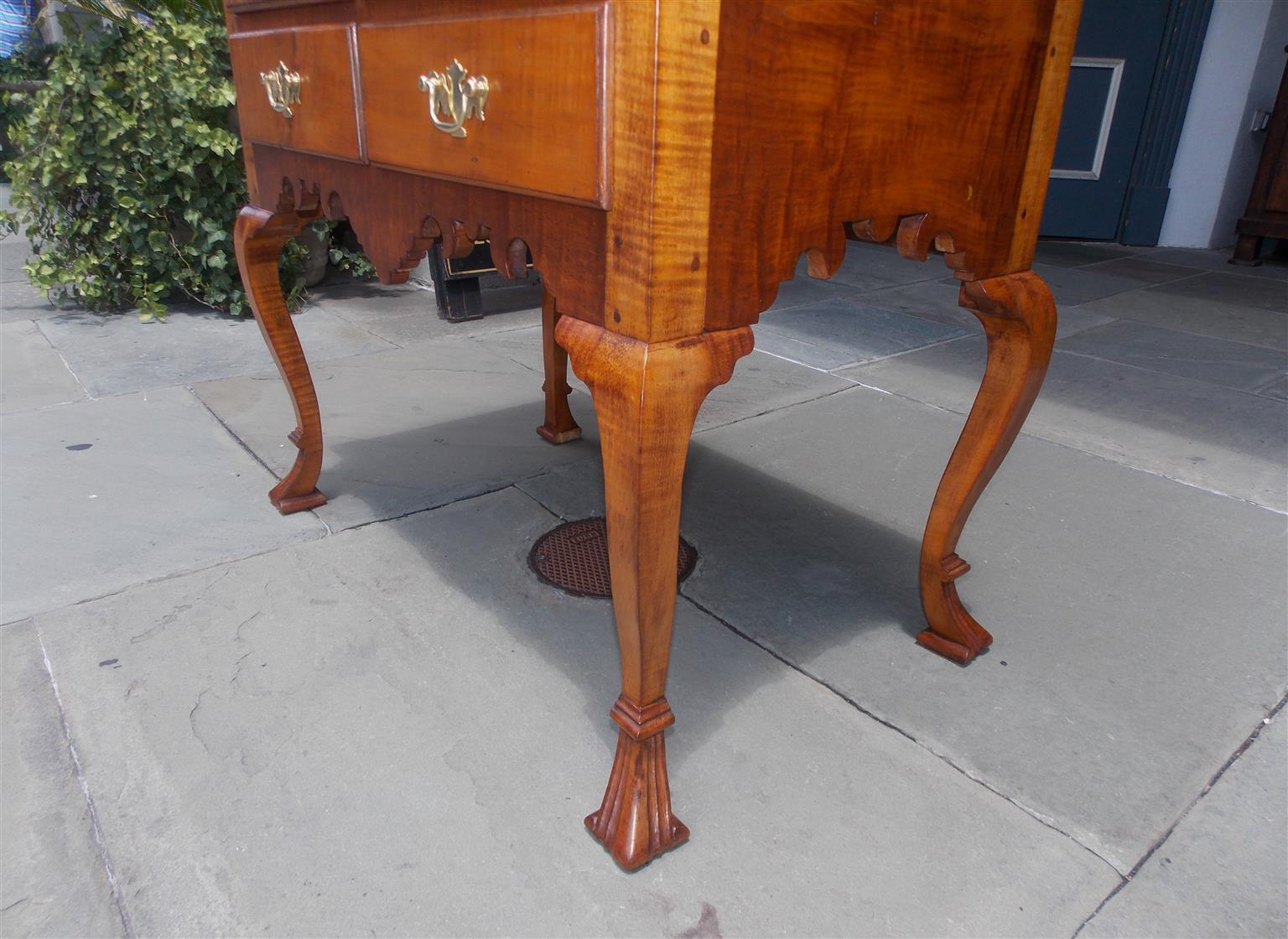 American Queen Anne Curley Maple Four Drawer Lowboy with Spanish Feet. C. 1750 1
